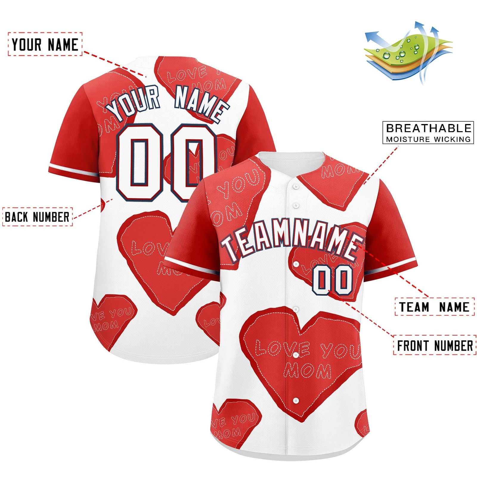 Custom White Red Mother's Day Style Graffiti Pattern Stretch Fabric Baseball Jersey| KXKSHOP