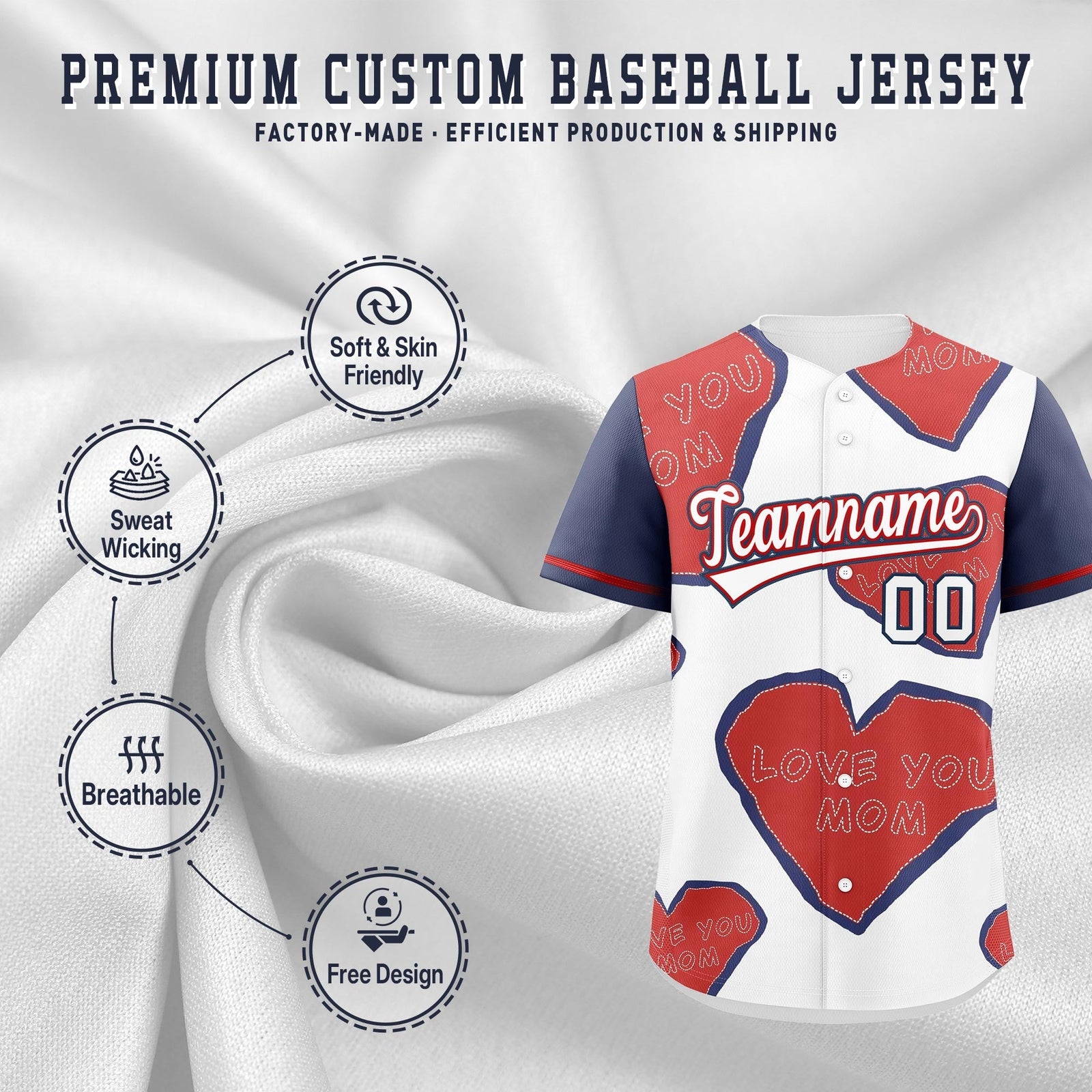 Custom White Red Midnight Blue Mother's Day Style Graffiti Pattern Stretch Fabric Baseball Jersey| KXKSHOP