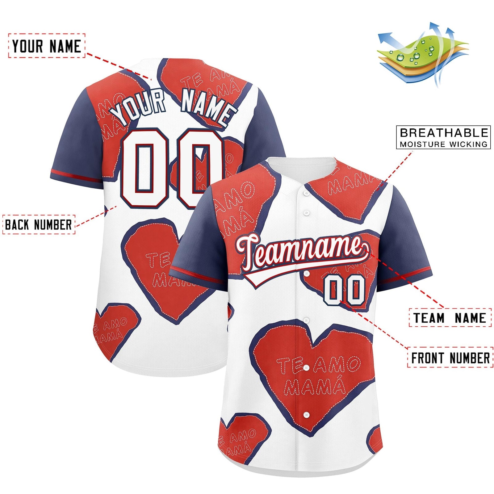 Custom White Red Midnight Blue Mother's Day Style Graffiti Pattern Quick Dry Baseball Jersey| KXKSHOP