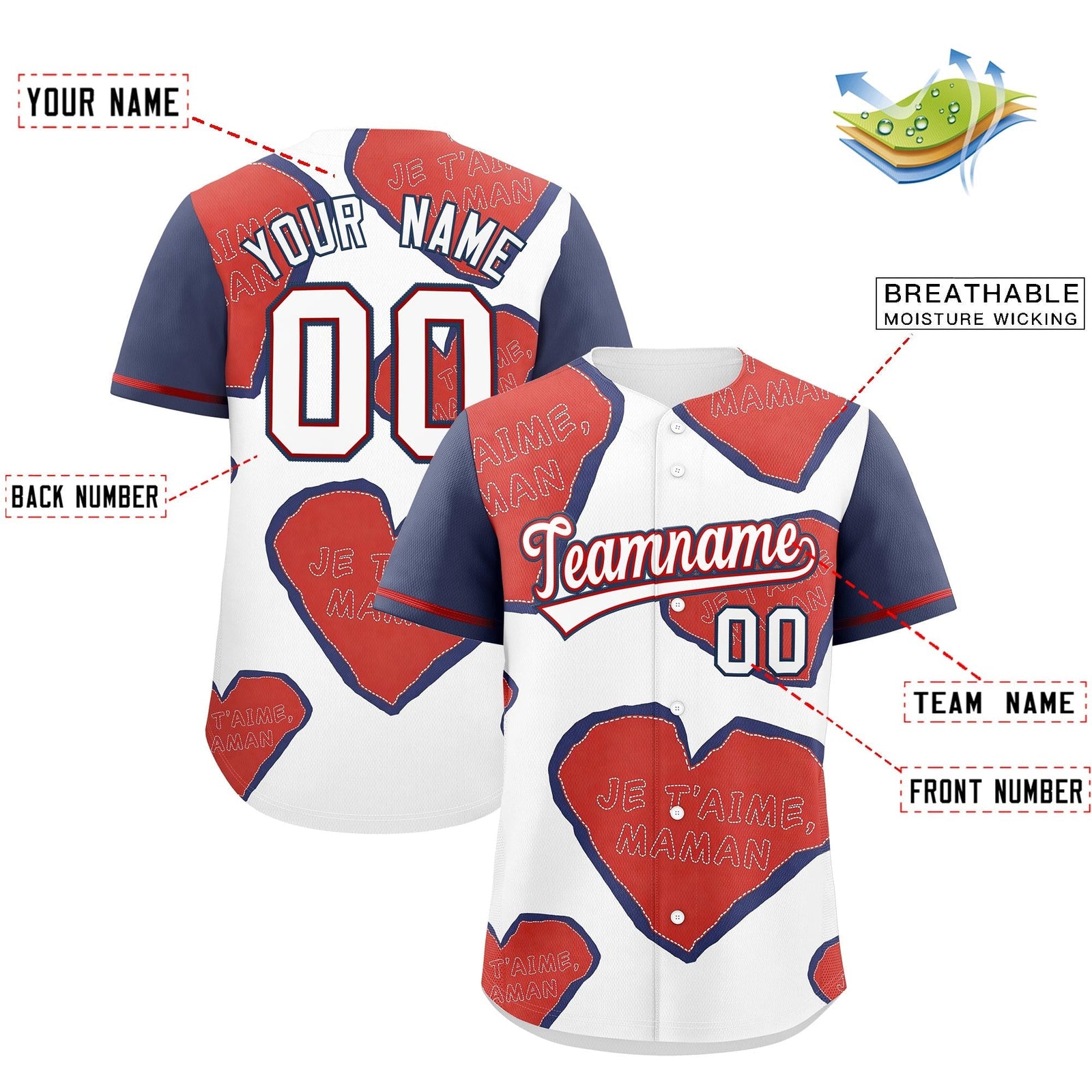 Custom White Red Midnight Blue Mother's Day Style Graffiti Pattern Moisture-Wicking Baseball Jersey| KXKSHOP