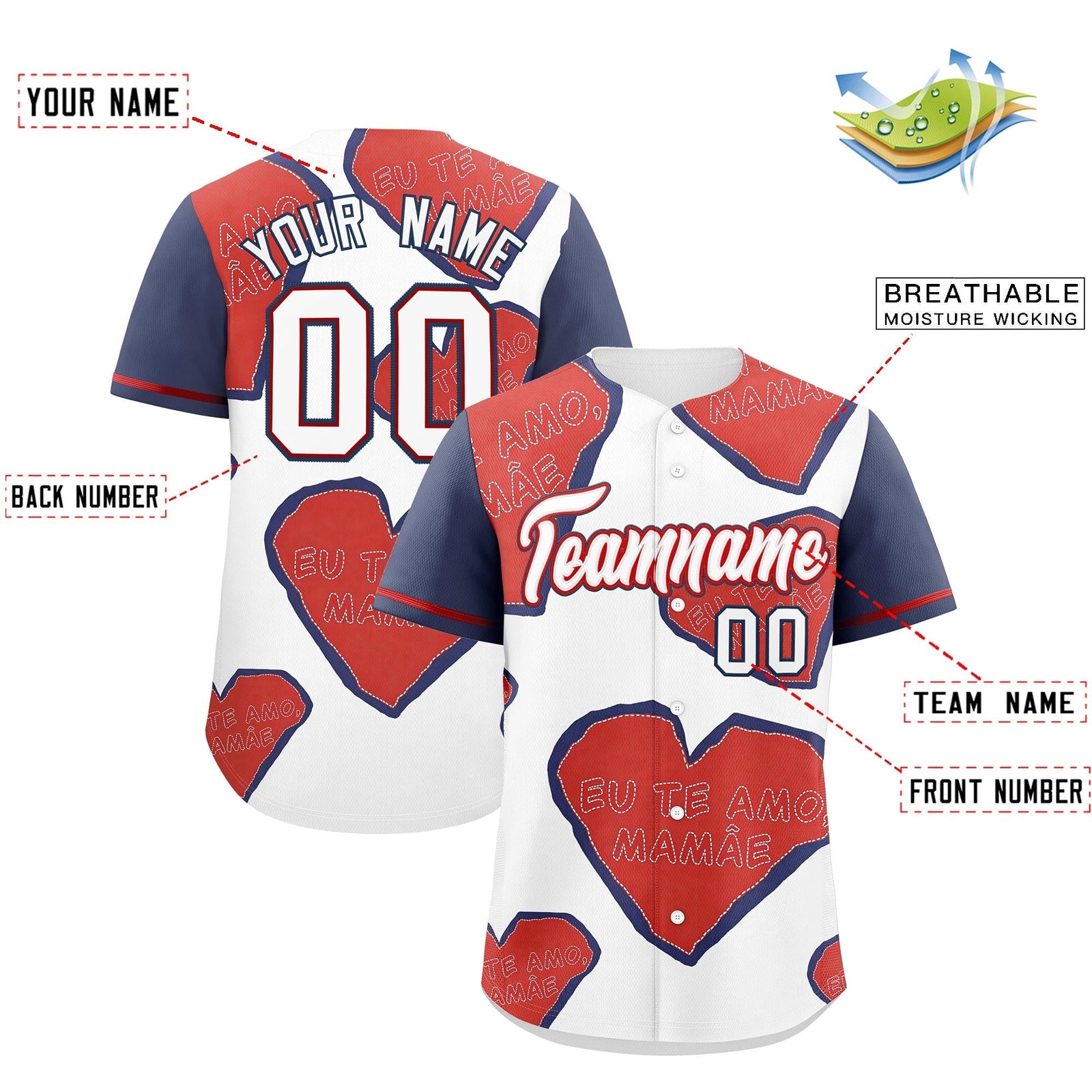 Custom White Red Midnight Blue Mother's Day Style Graffiti Pattern Quick Dry Baseball Jersey| KXKSHOP