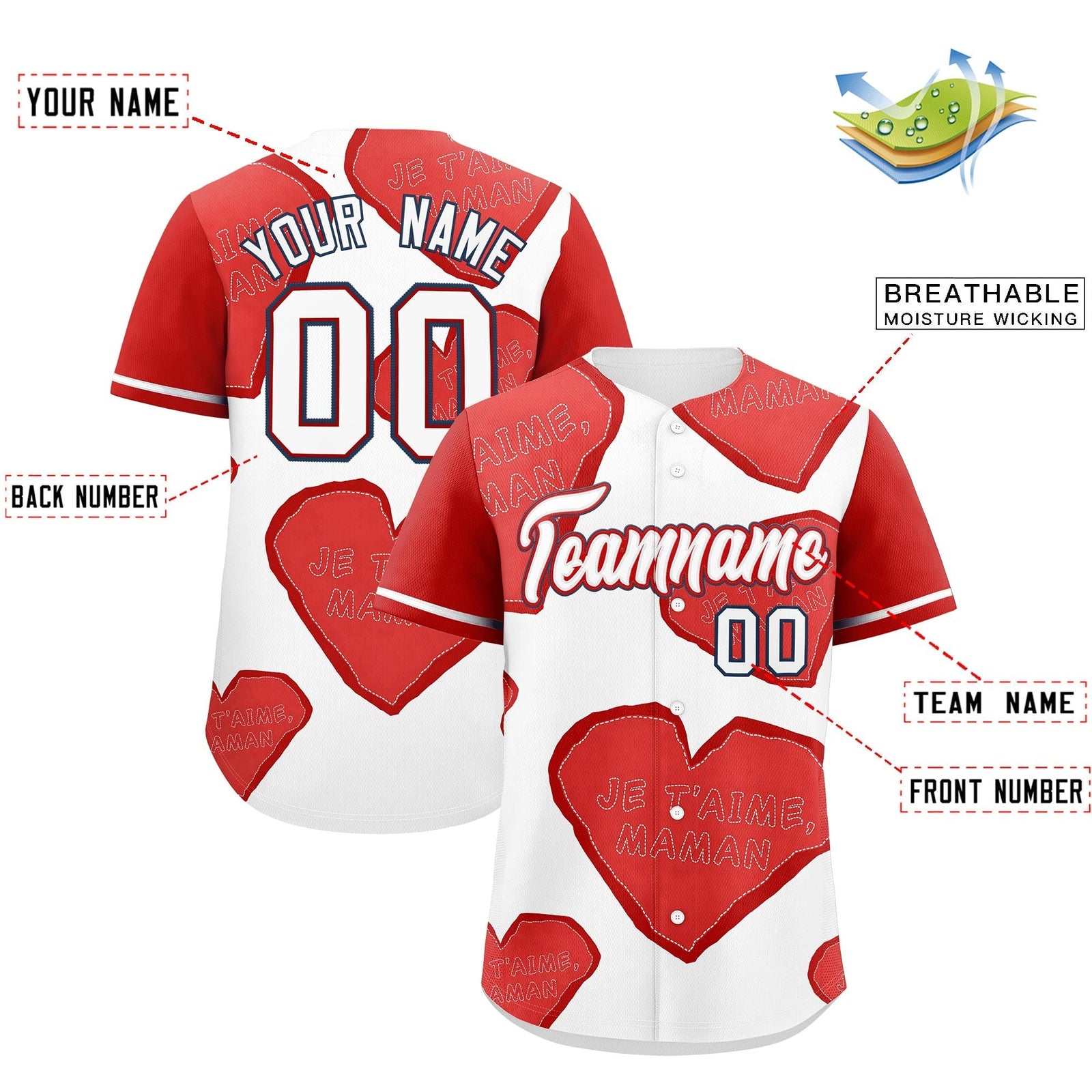 Custom White Red Mother's Day Style Graffiti Pattern Moisture-Wicking Baseball Jersey| KXKSHOP