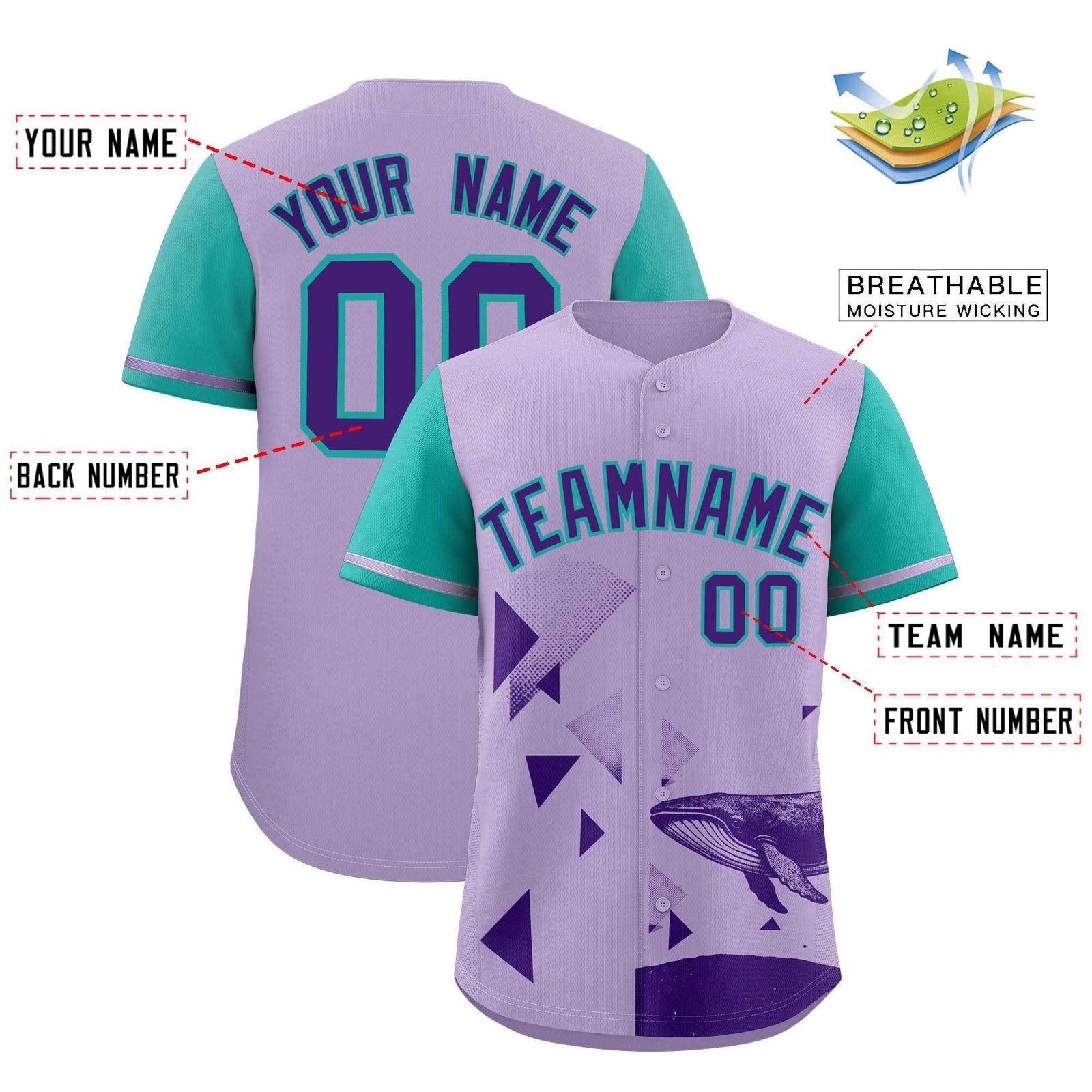 Custom Aqua Light Purple Raptor Series Raglan Sleeves Lightweight Baseball Jersey