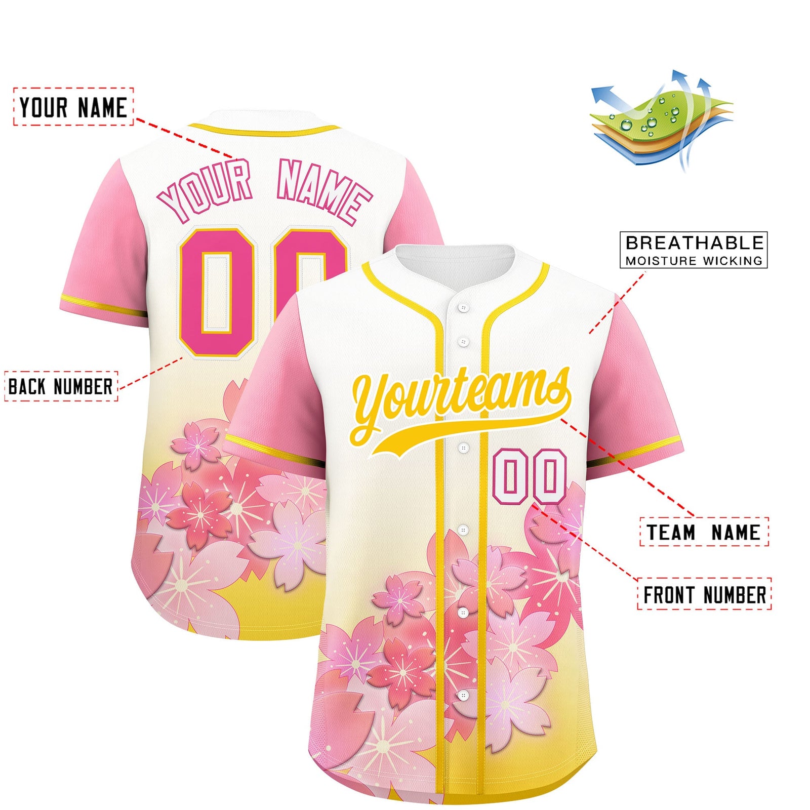 Custom Gold Pink Gradient Fashion Elastic Baseball Jersey| KXKSHOP