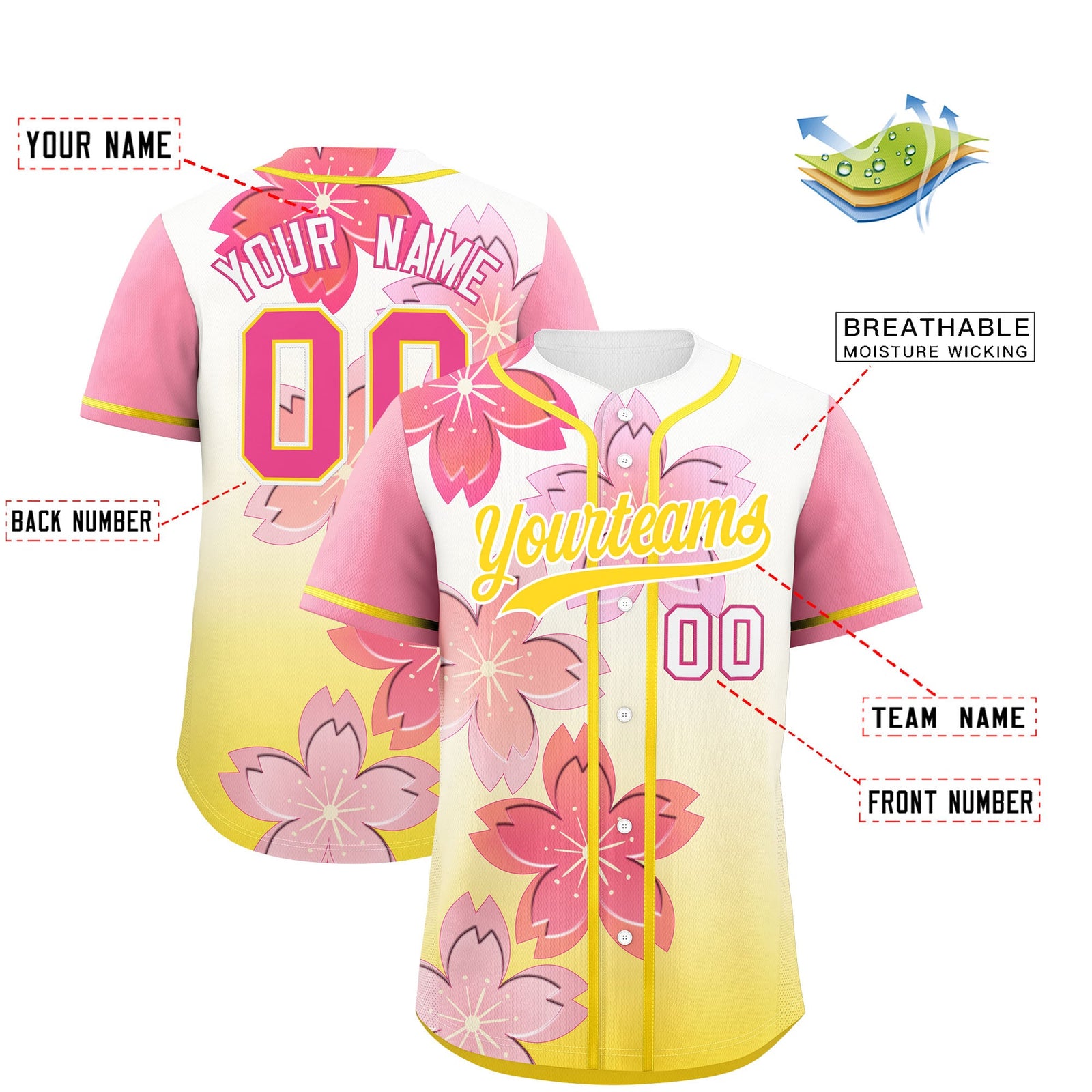 Custom Gold Pink Gradient Fashion Elastic Baseball Jersey| KXKSHOP