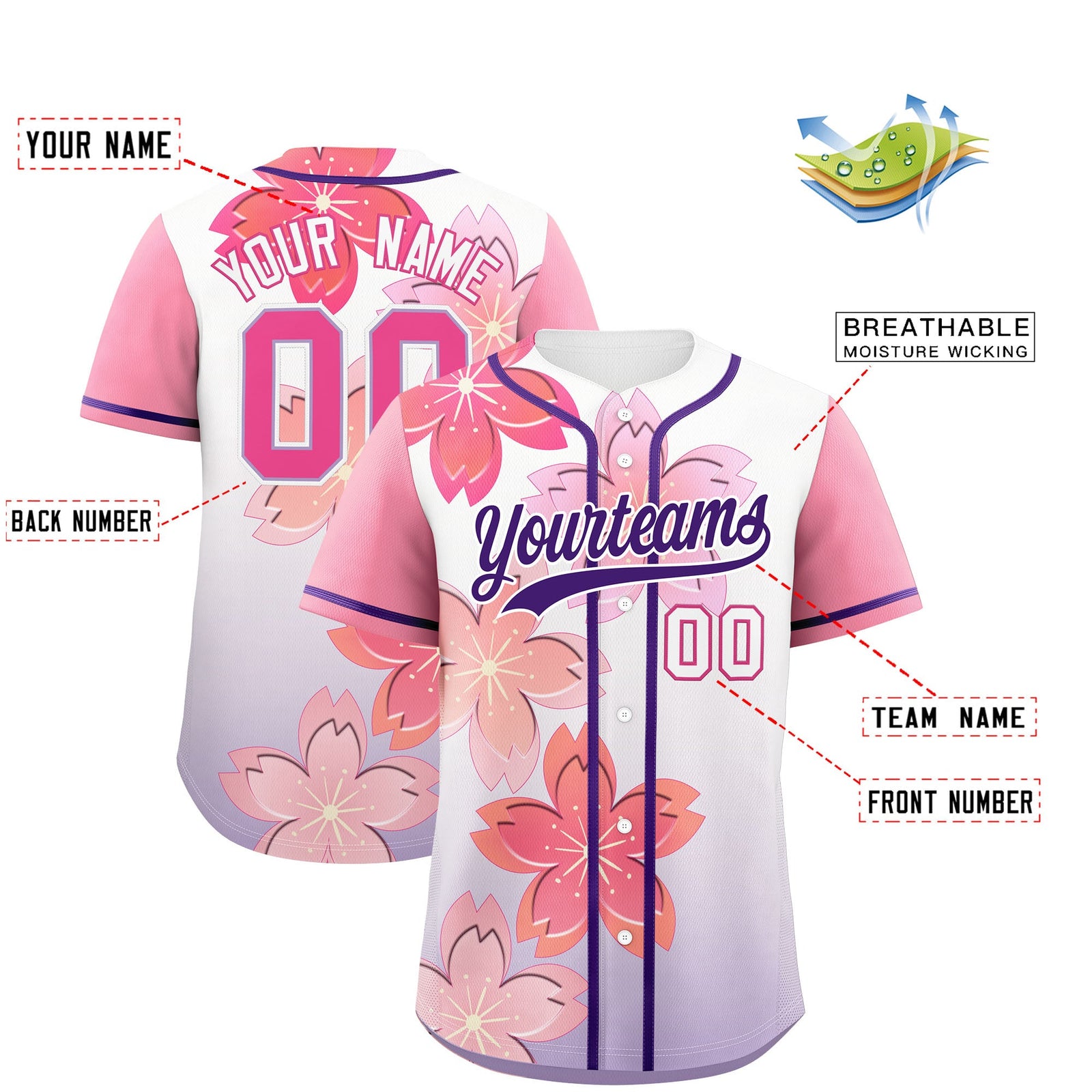 Custom Purple Pink Gradient Fashion Elastic Baseball Jersey| KXKSHOP