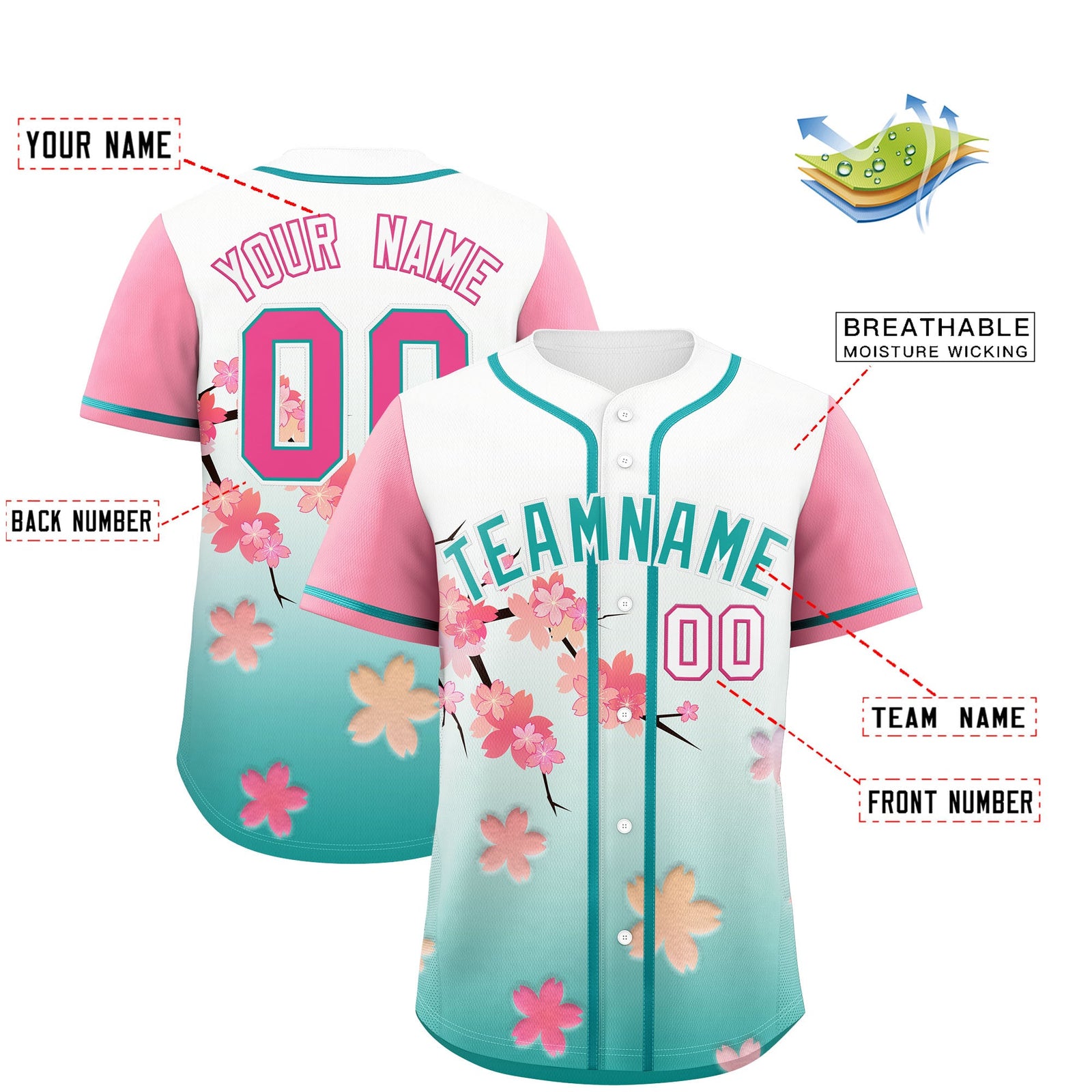 Custom Aqua Pink Gradient Fashion Elastic Baseball Jersey| KXKSHOP