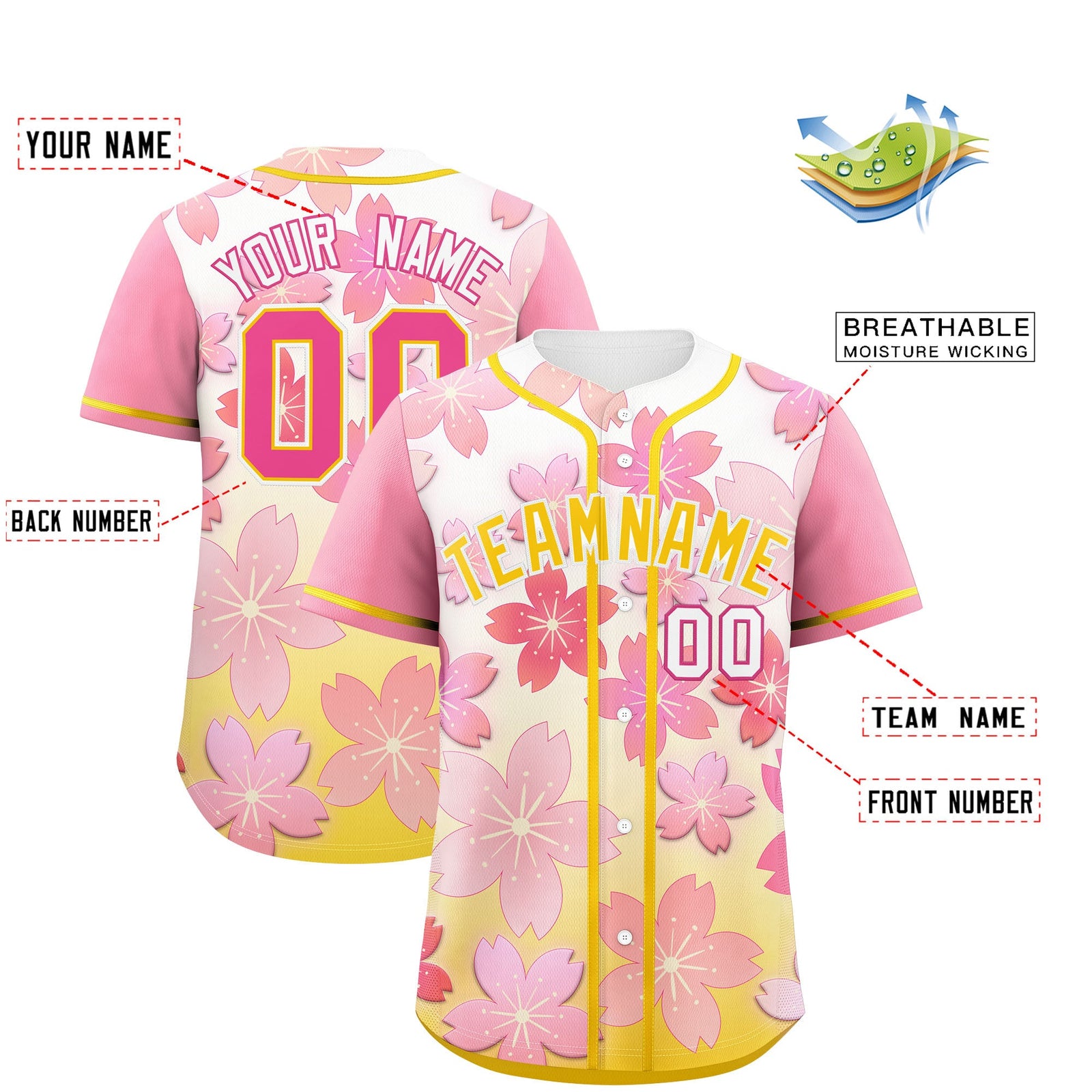 Custom Gold Pink Gradient Fashion Elastic Baseball Jersey| KXKSHOP