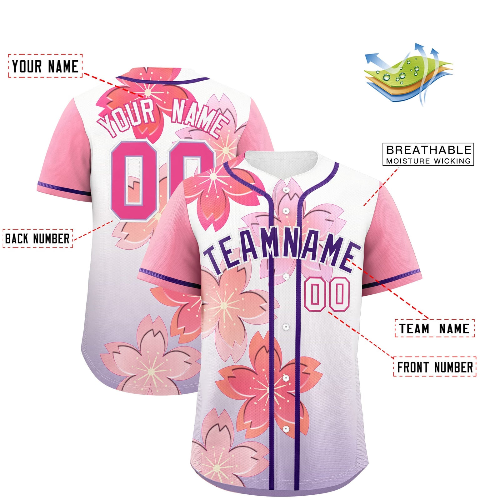 Custom Purple Pink Gradient Fashion Elastic Baseball Jersey| KXKSHOP