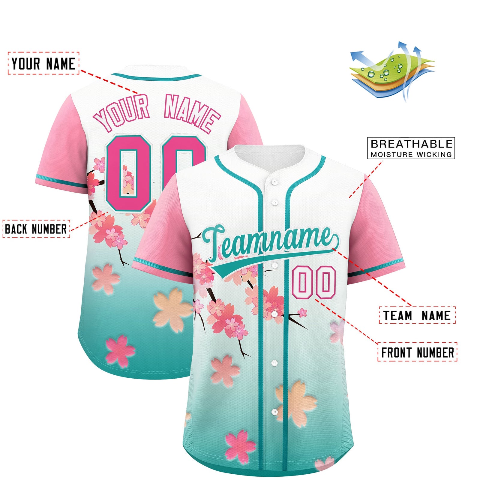 Custom Aqua Pink Gradient Fashion Elastic Baseball Jersey| KXKSHOP