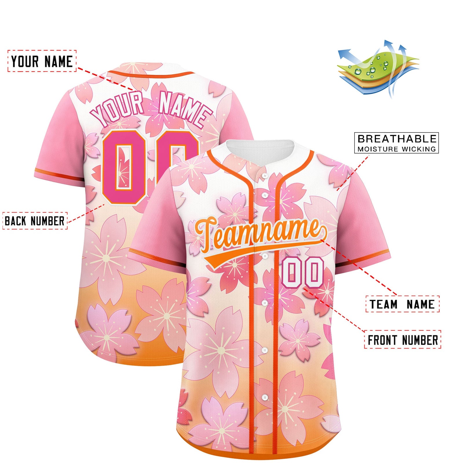 Custom Gold Orange Pink Gradient Fashion Elastic Baseball Jersey| KXKSHOP