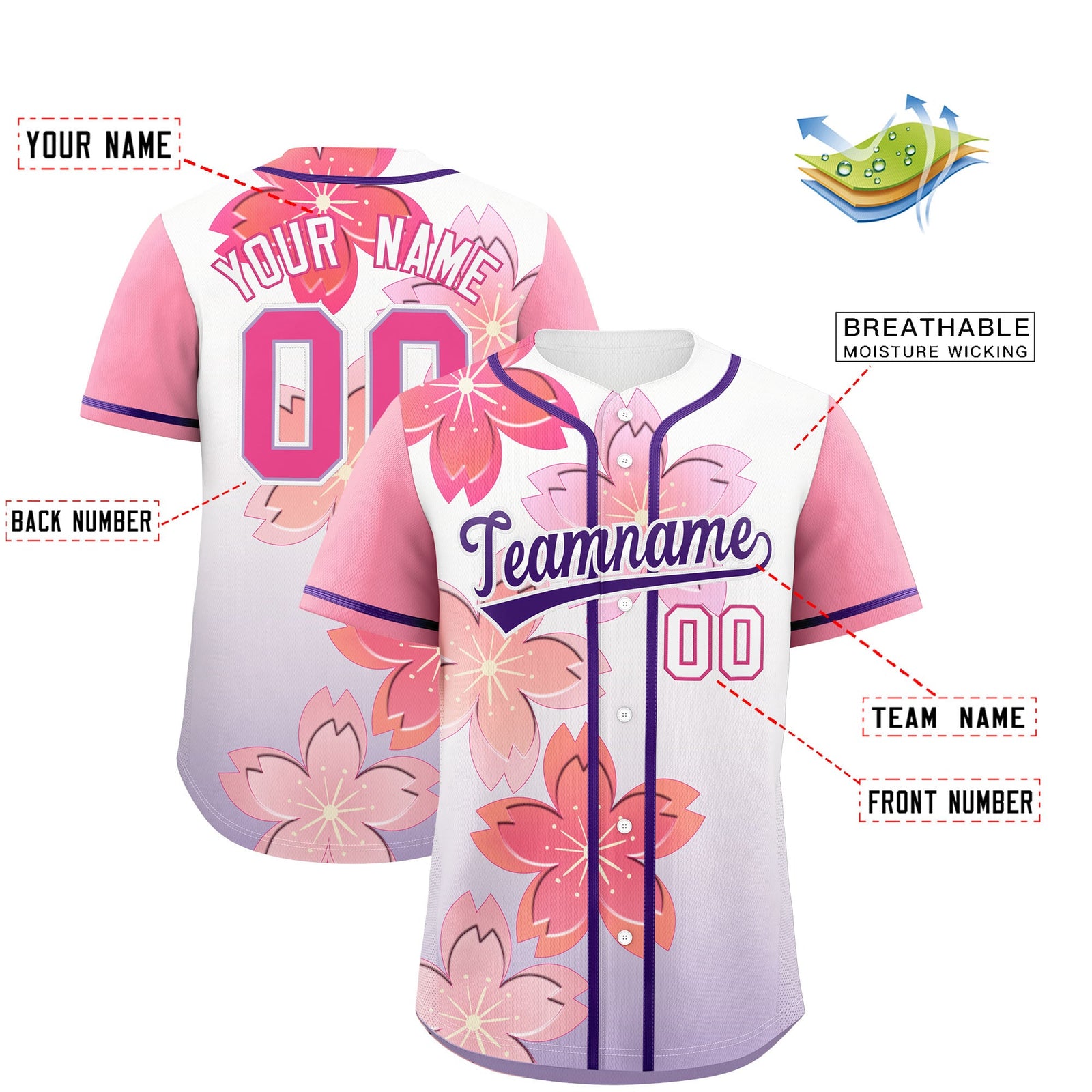 Custom Purple Pink Gradient Fashion Elastic Baseball Jersey| KXKSHOP