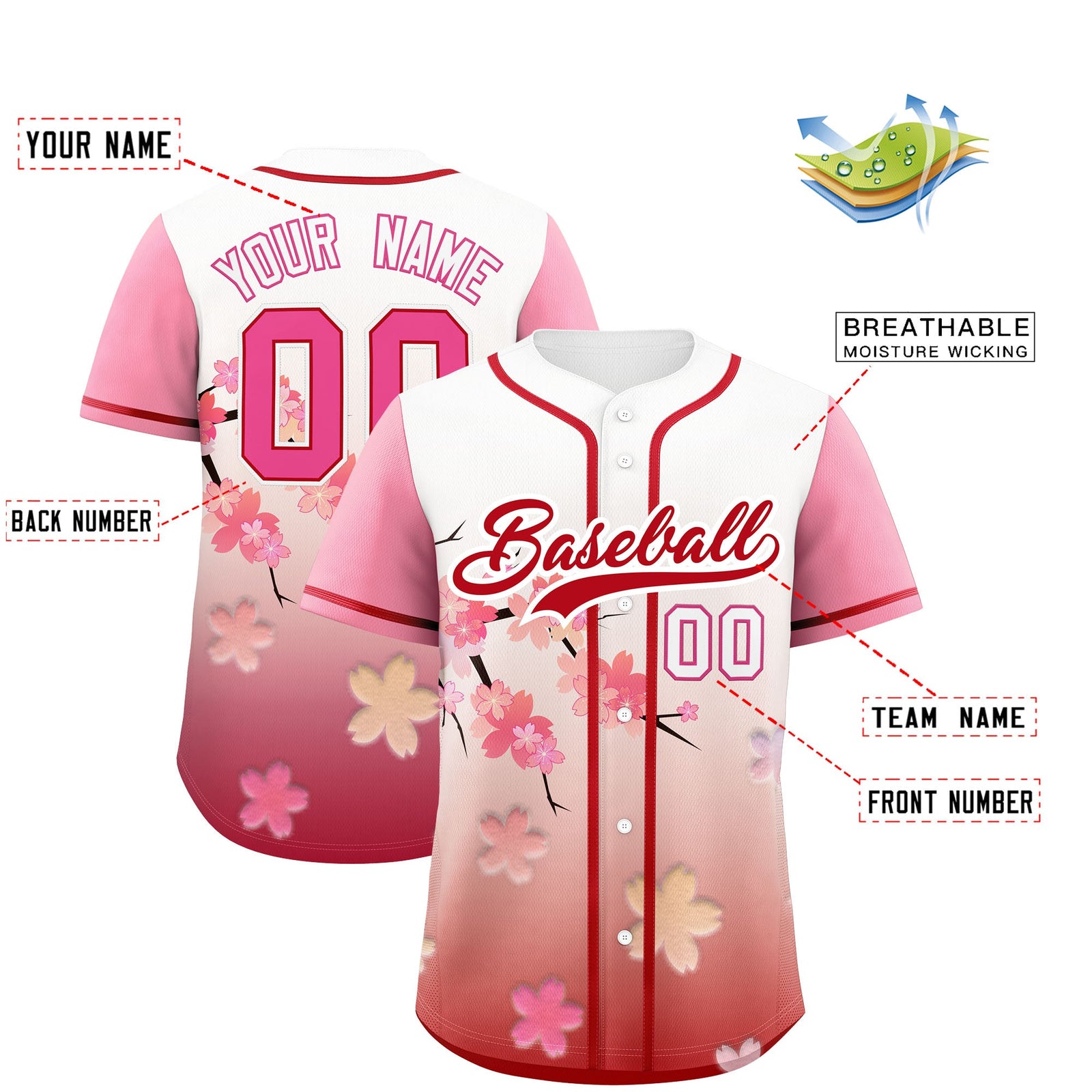Custom Pink Red Gradient Fashion Elastic Baseball Jersey| KXKSHOP