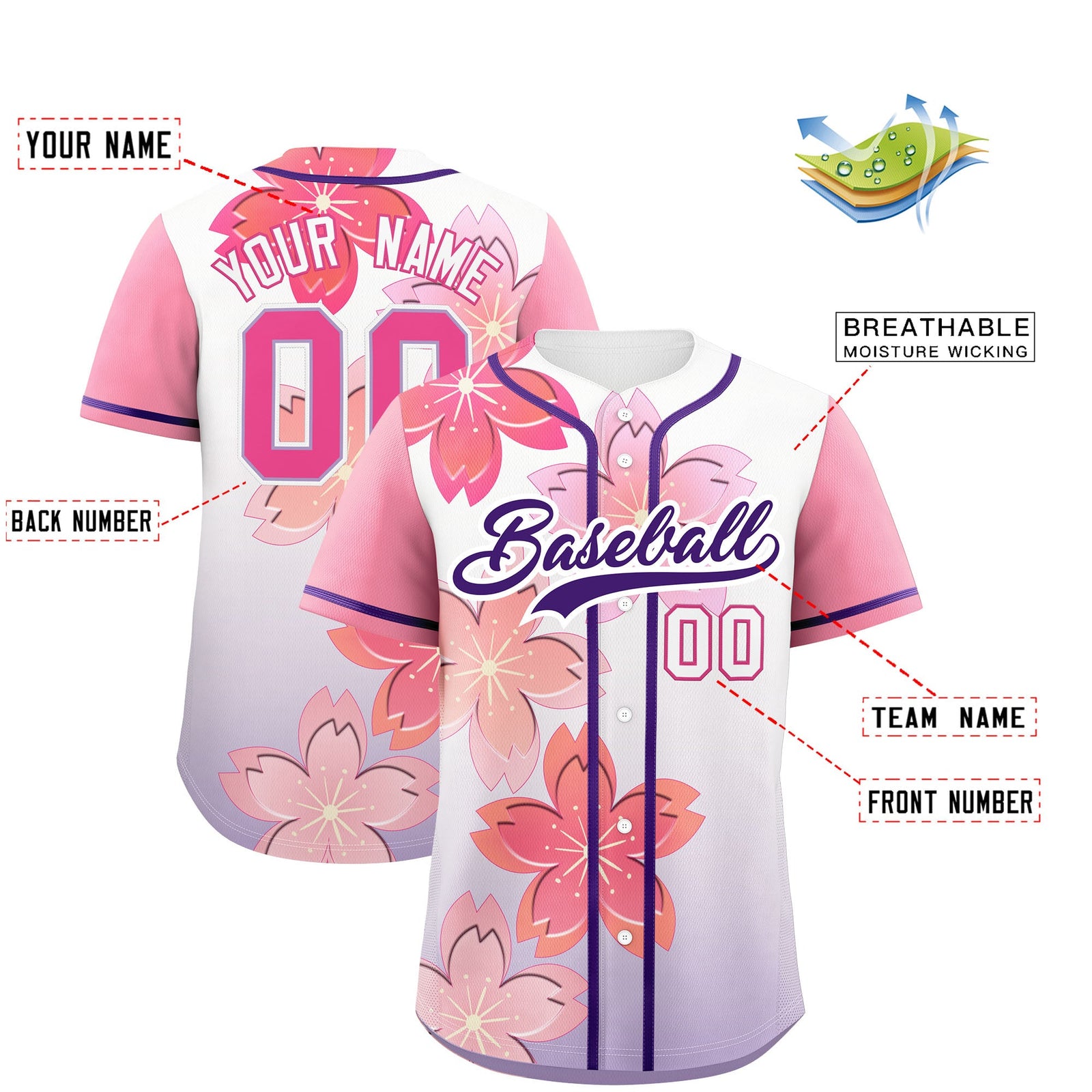 Custom Purple Pink Gradient Fashion Elastic Baseball Jersey| KXKSHOP