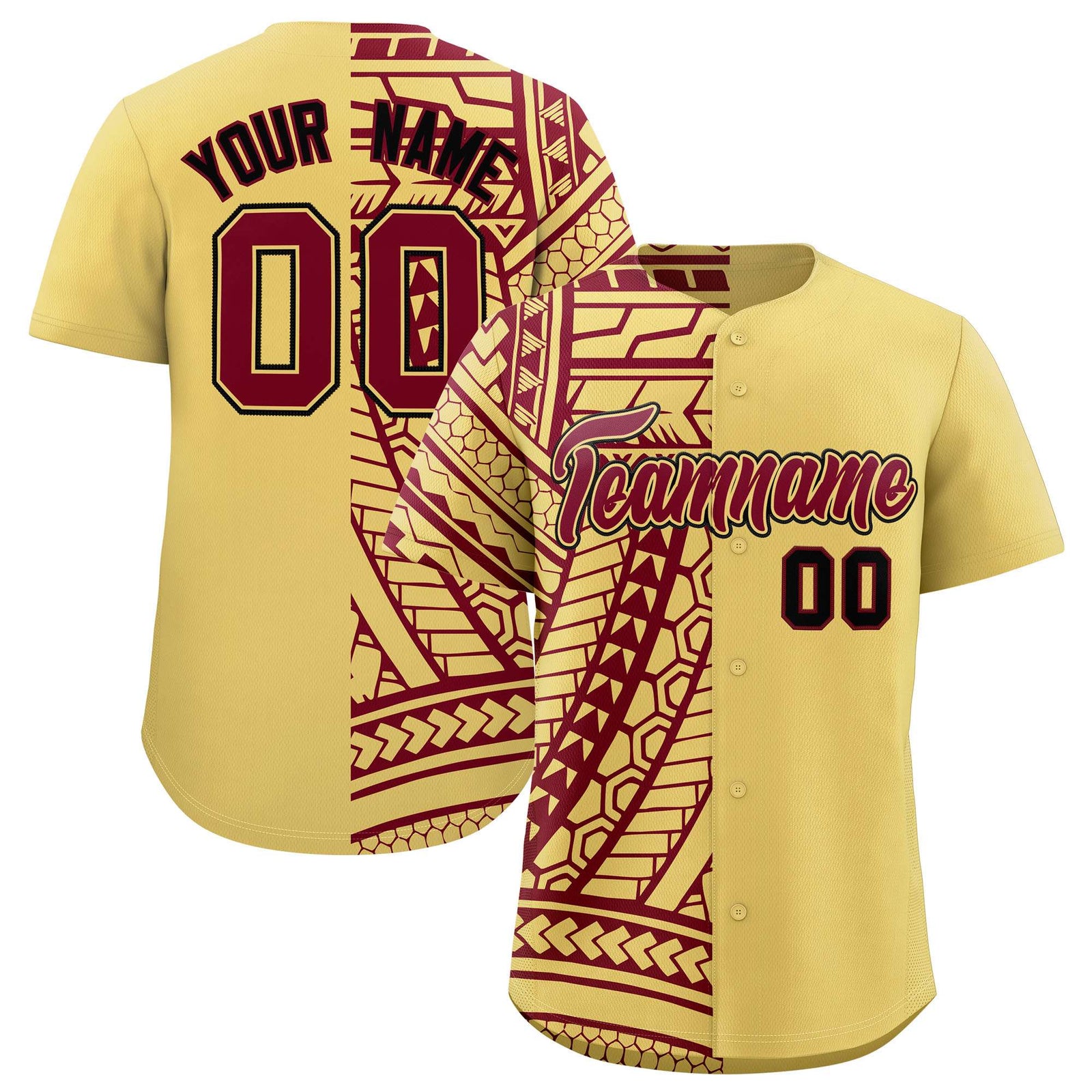 Custom Khaki Crimson Split Fashion Tribal Pattern Authentic Baseball Jersey