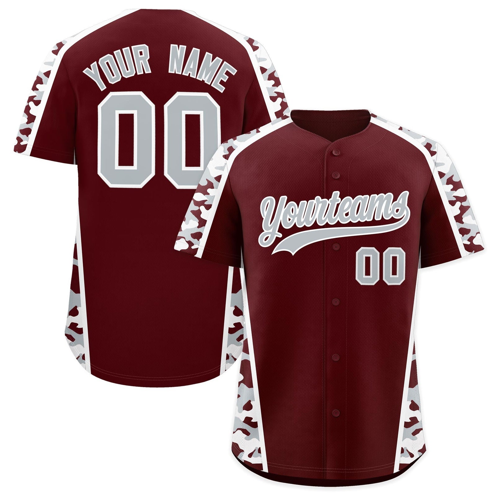 Custom Burgundy Silver Side Camo Style Personalization Baseball Jersey| KXKSHOP