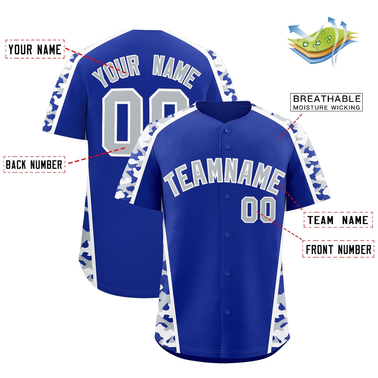 Custom Royal Blue Silver Side Camo Style Personalization Baseball Jersey| KXKSHOP