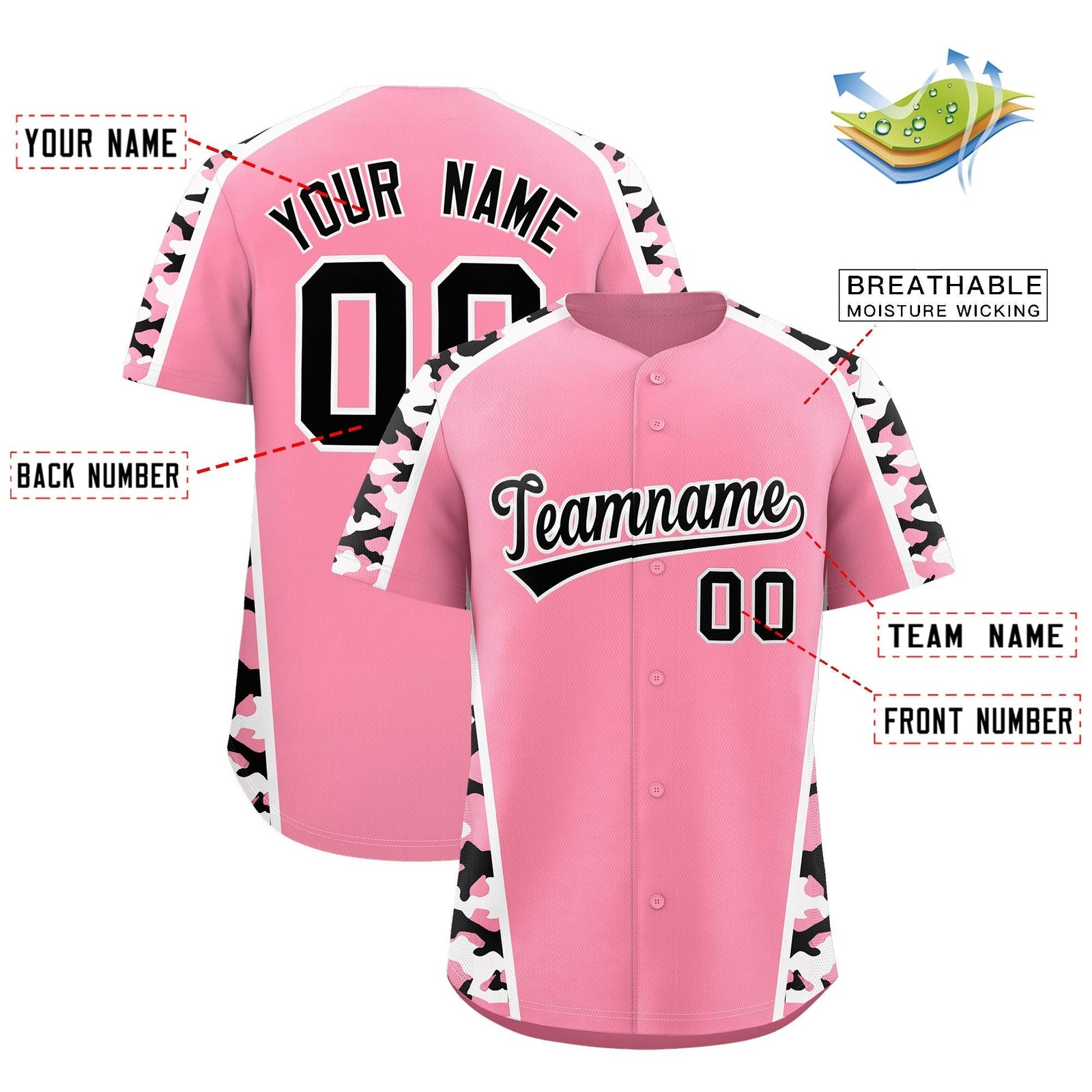 Custom Light Pink Black Side Camo Style Personalization Baseball Jersey| KXKSHOP