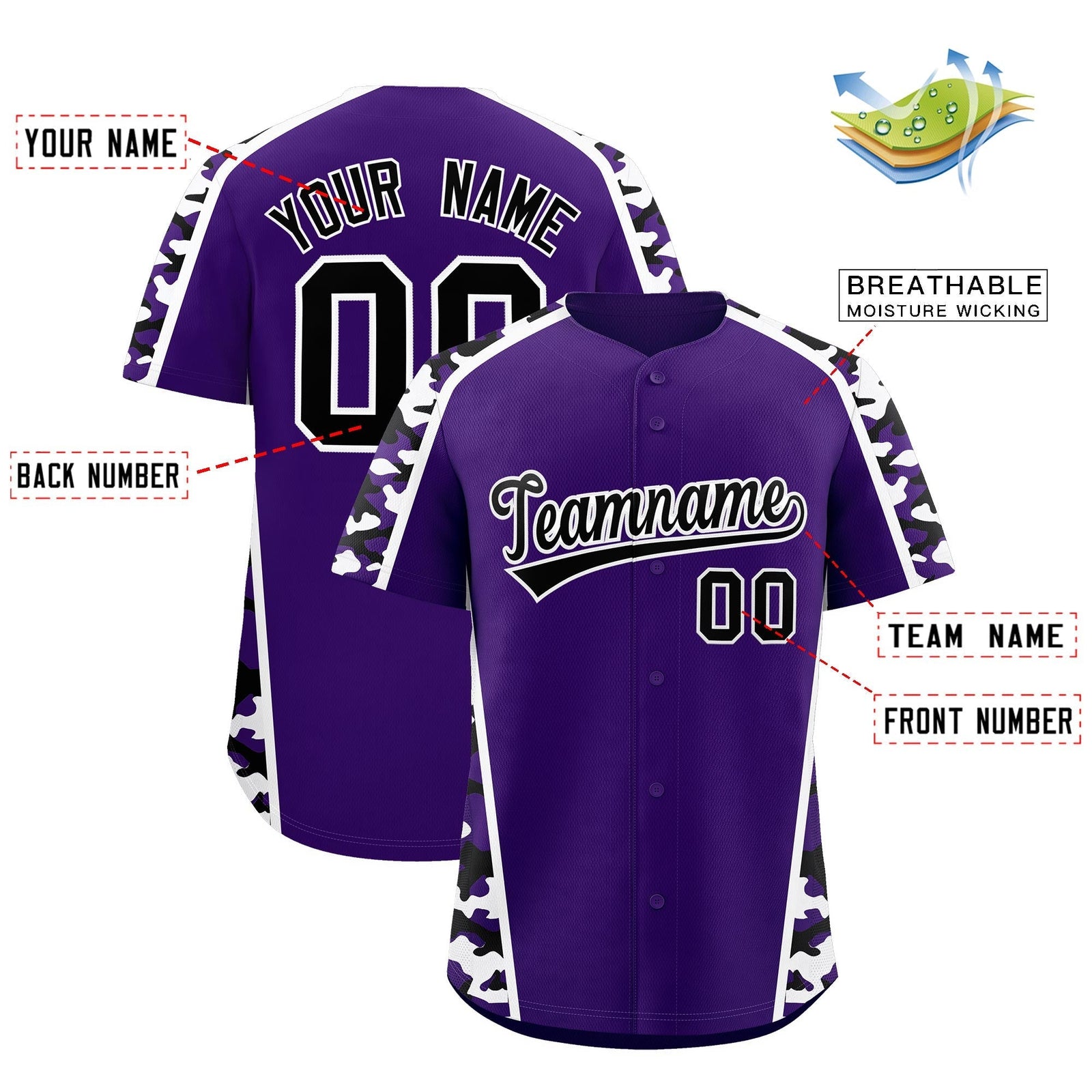 Custom Purple Black Side Camo Style Personalization Baseball Jersey| KXKSHOP