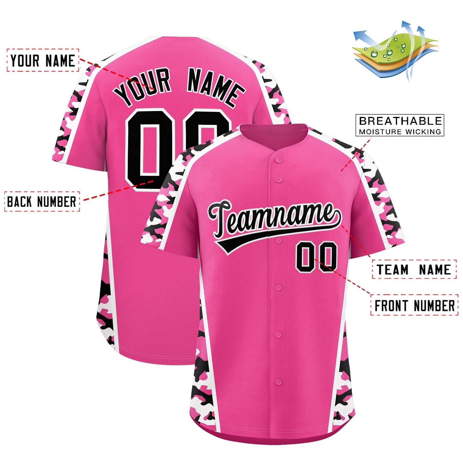 Custom Pink Black Side Camo Style Personalization Baseball Jersey| KXKSHOP