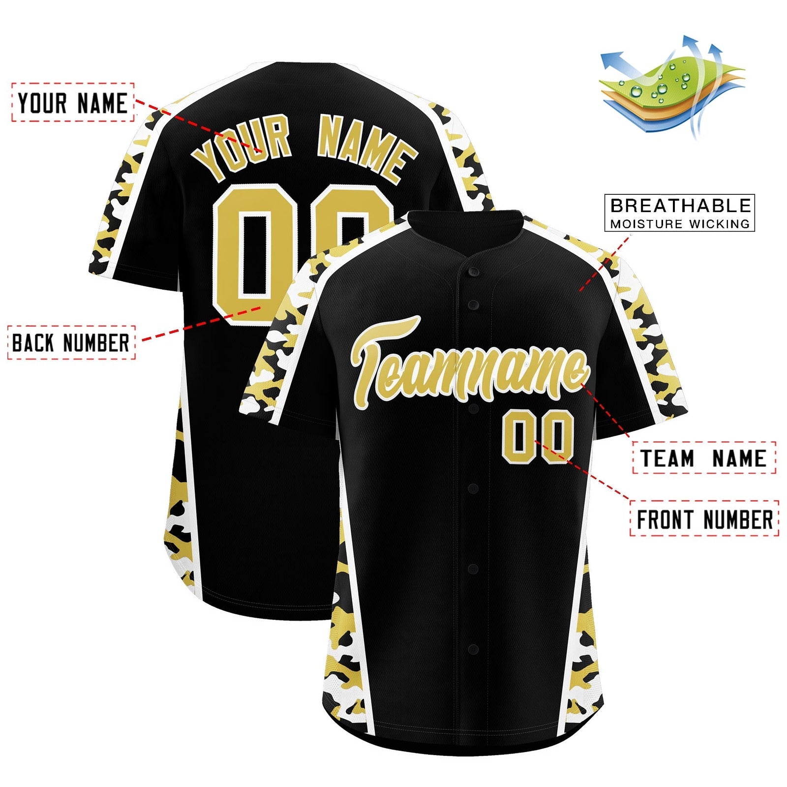 Custom Black Old Gold Side Camo Style Personalization Baseball Jersey| KXKSHOP