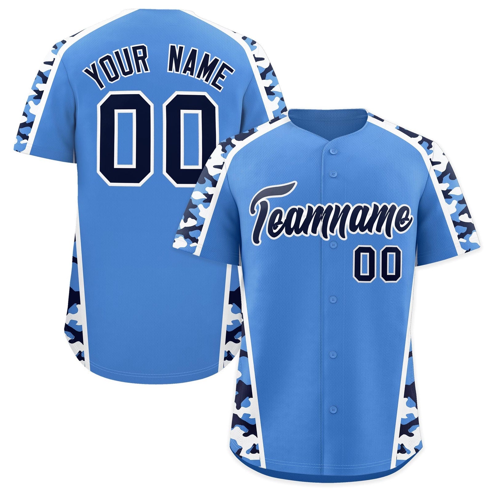 Custom Powder Blue Navy Side Camo Style Personalization Baseball Jersey| KXKSHOP