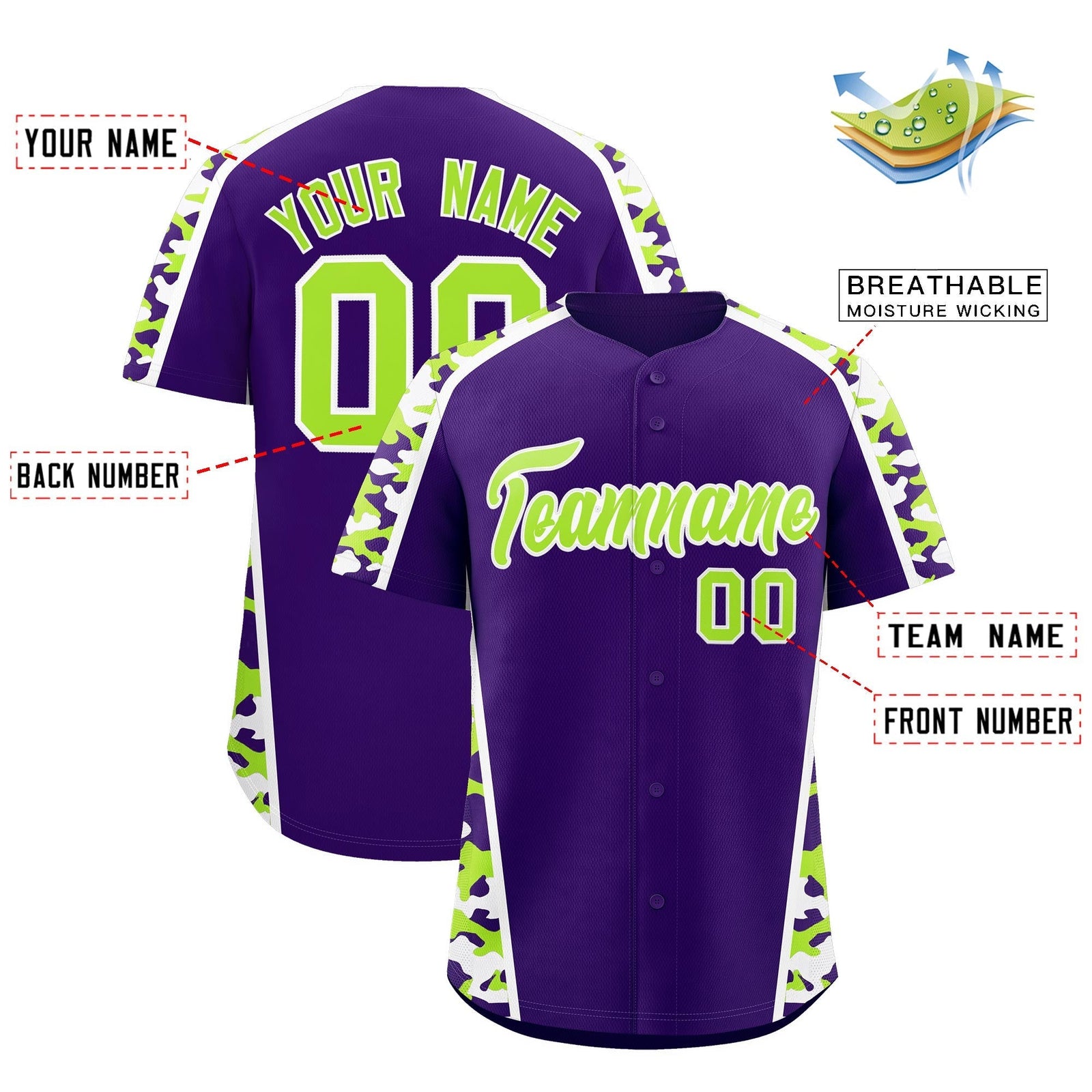 Custom Purple Neon Green Side Camo Style Personalization Baseball Jersey| KXKSHOP