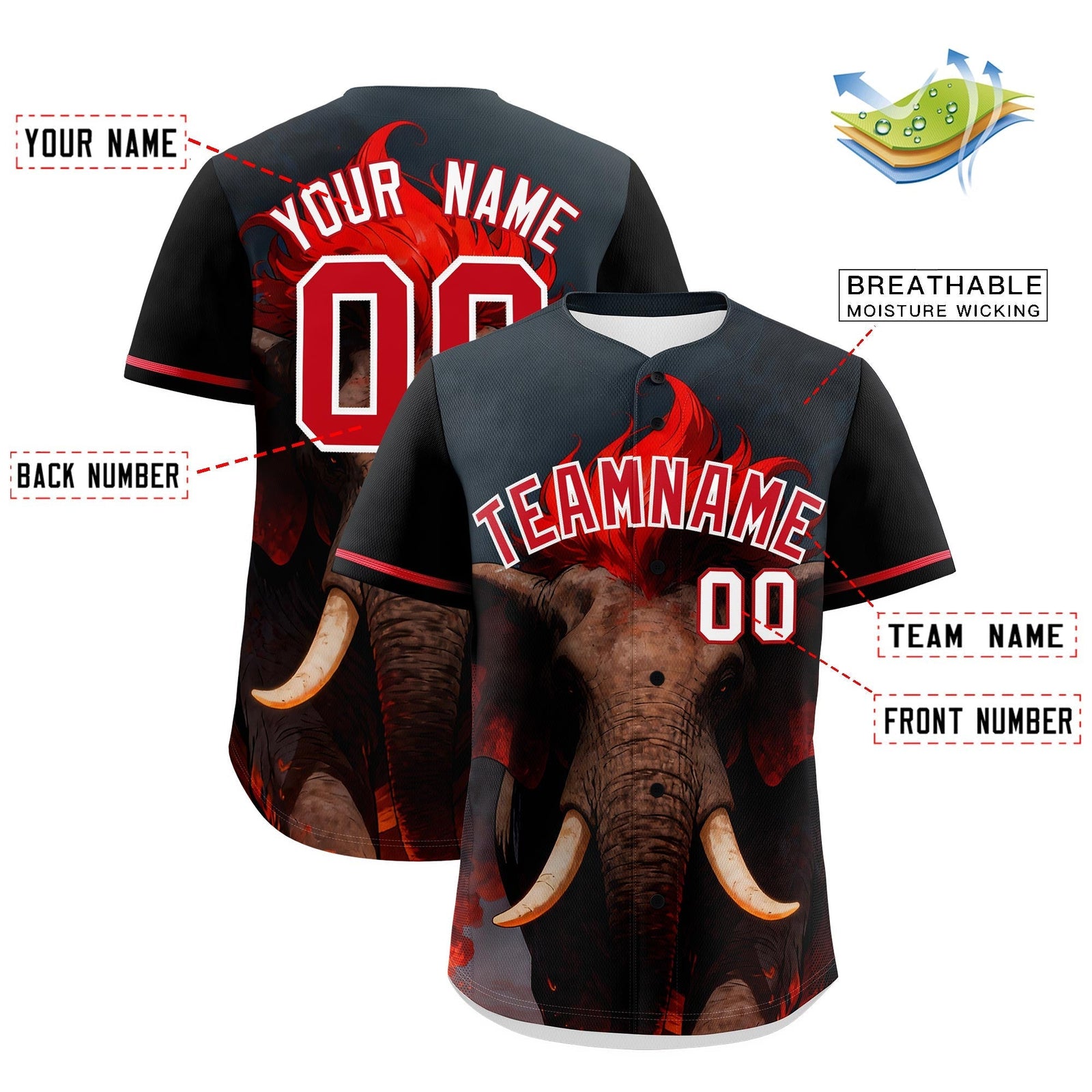 Custom Black White Red Elephant Animal Series Personalization Graffiti Pattern Baseball Jersey| KXKSHOP