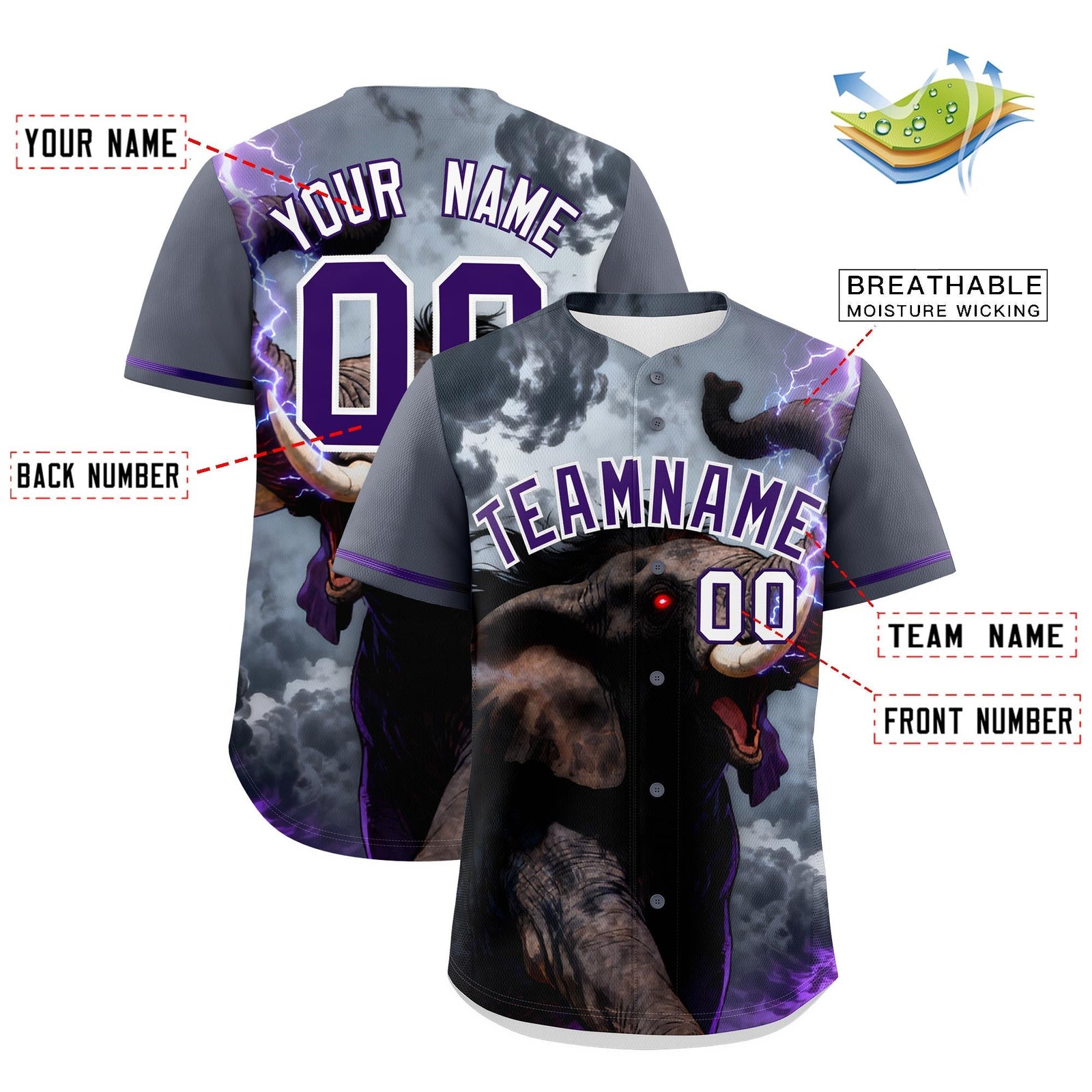 Custom Purple White Elephant Animal Series Personalization Graffiti Pattern Baseball Jersey| KXKSHOP