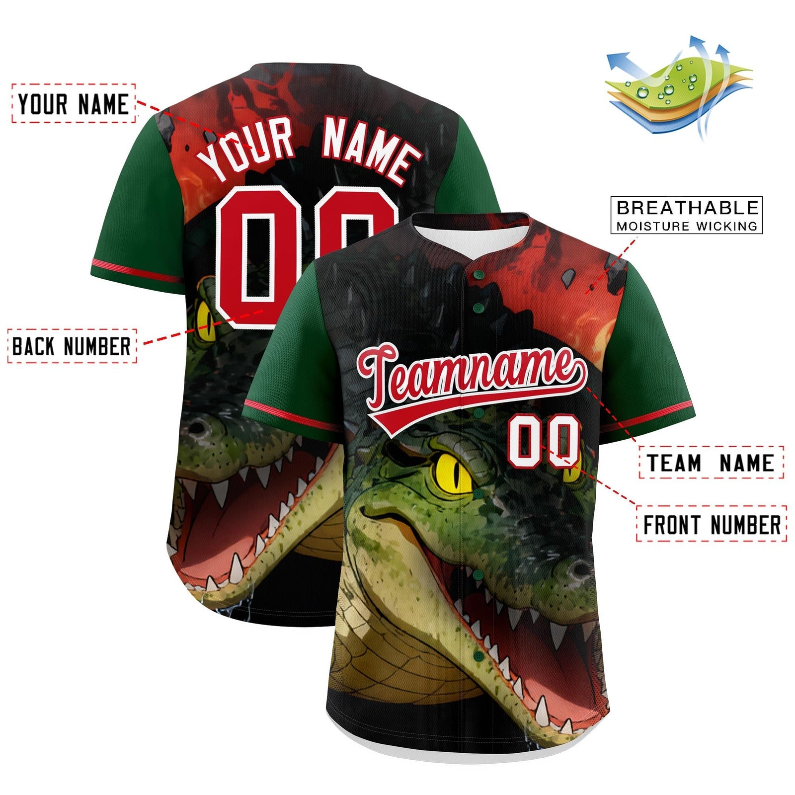 Custom Dark Green Red White Crocodile Animal Series Personalization Graffiti Pattern Baseball Jersey| KXKSHOP