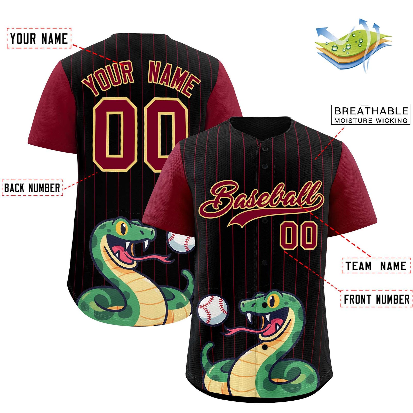 Custom Black Crimson Stripe Animals Graffiti Pattern Raglan Sleeves Authentic Baseball Jersey