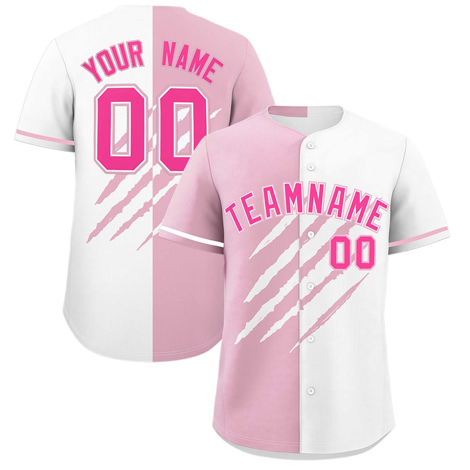 Custom Light Pink White Split Tiger Claw Scratch Pattern Baseball Jersey
