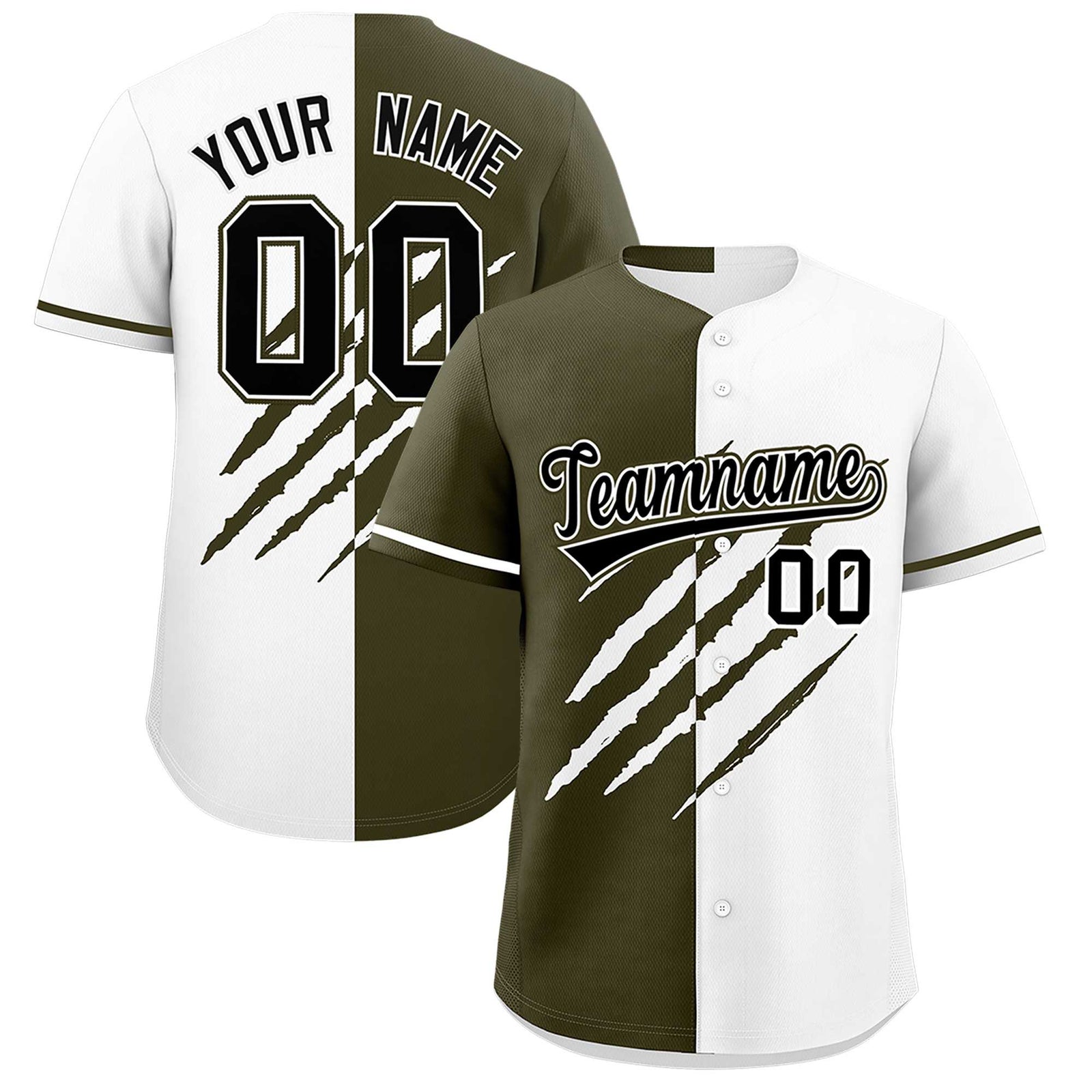 Custom Olive White Split Tiger Claw Scratch Pattern Baseball Jersey