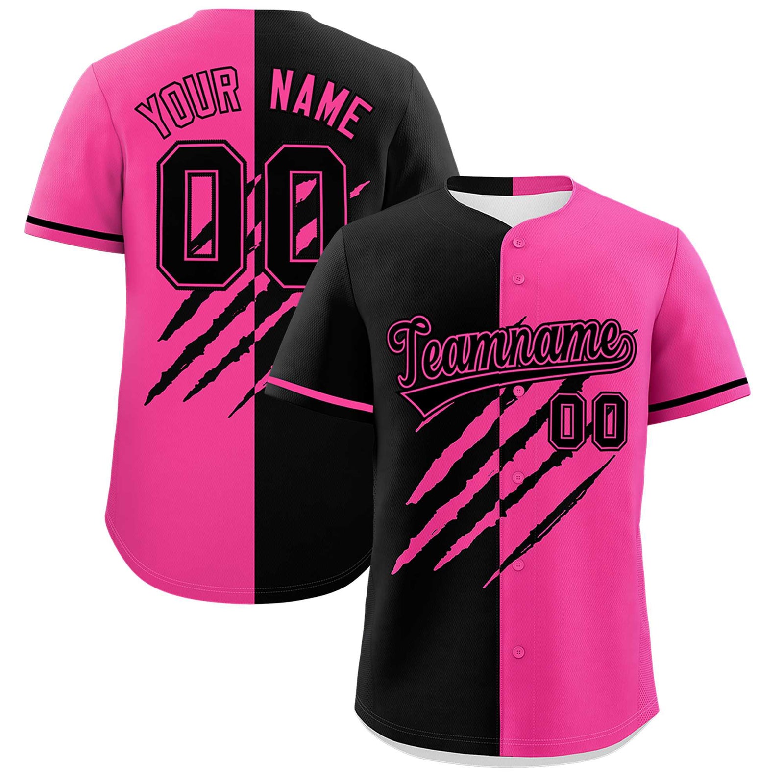 Custom Black Pink Split Tiger Claw Scratch Pattern Baseball Jersey