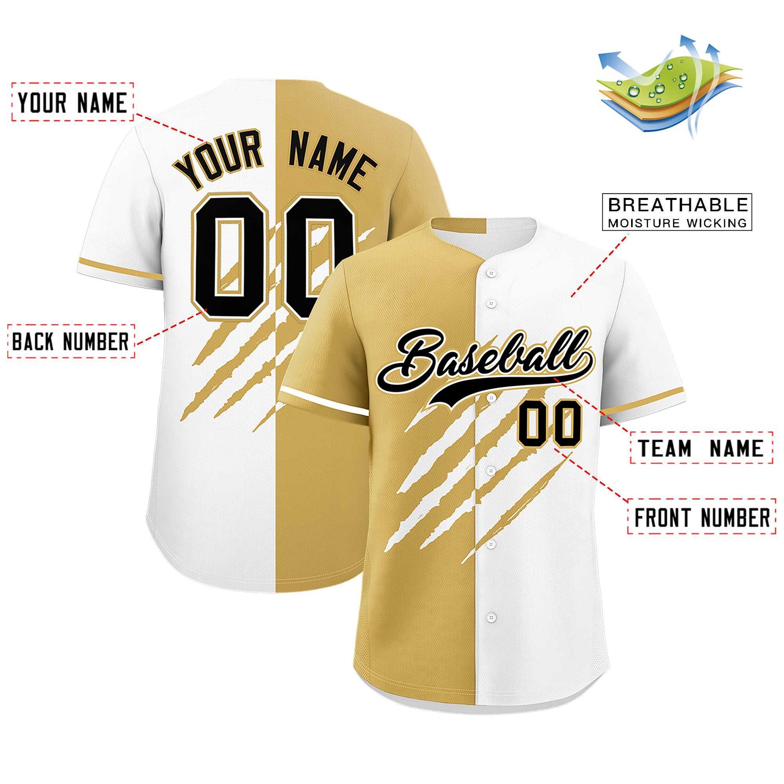 Custom Old Gold White Split Tiger Claw Scratch Pattern Baseball Jersey