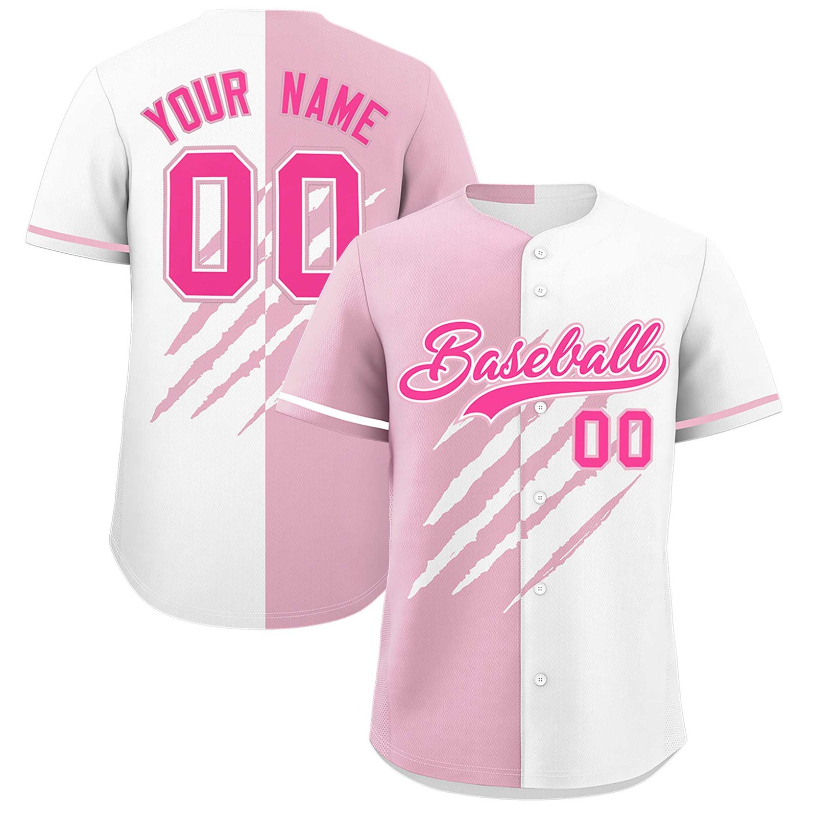 Custom Light Pink White Split Tiger Claw Scratch Pattern Baseball Jersey