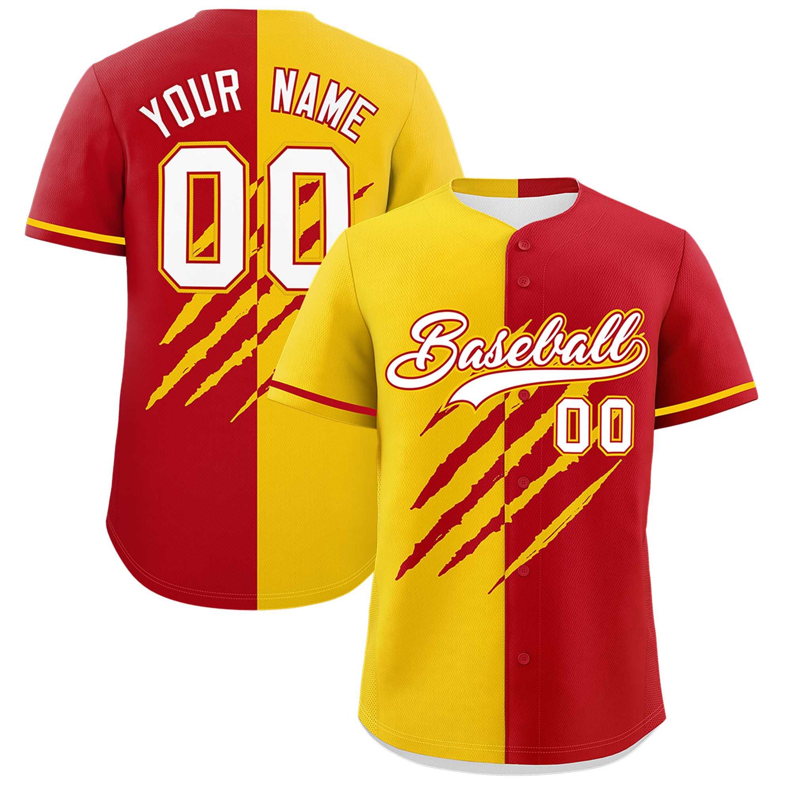 Custom Gold Red Split Tiger Claw Scratch Pattern Baseball Jersey