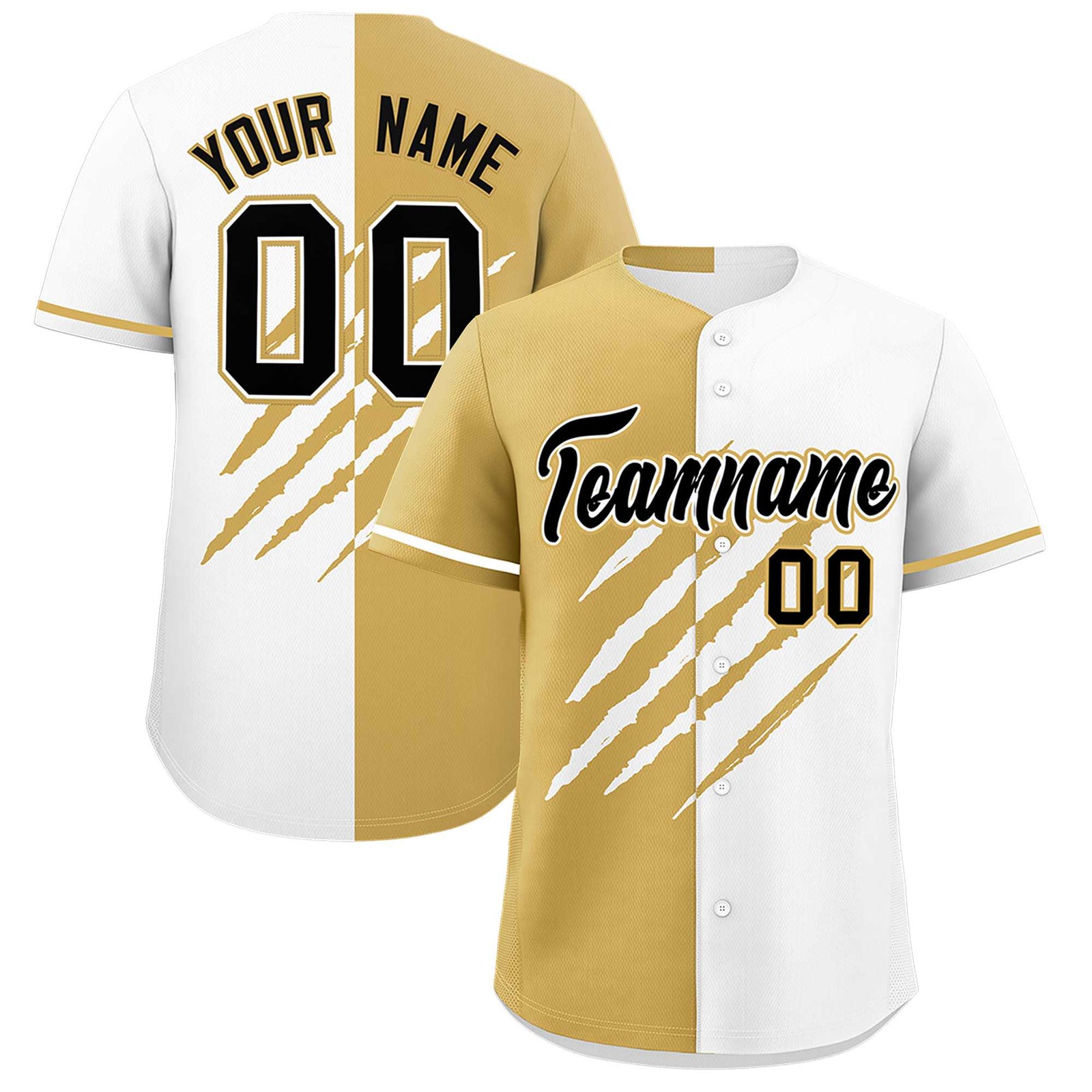 Custom Old Gold White Split Tiger Claw Scratch Pattern Baseball Jersey
