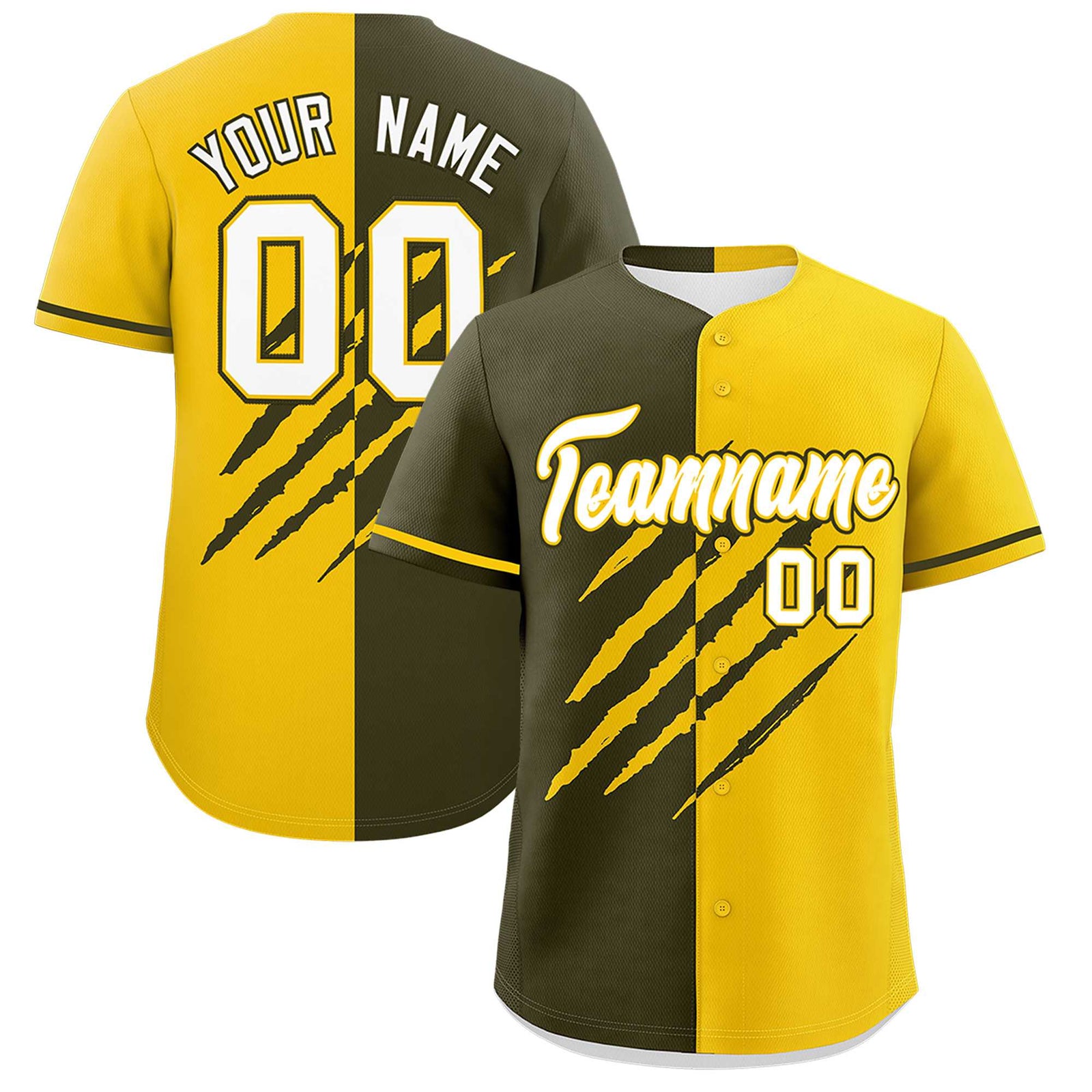Custom Olive Gold Split Tiger Claw Scratch Pattern Baseball Jersey
