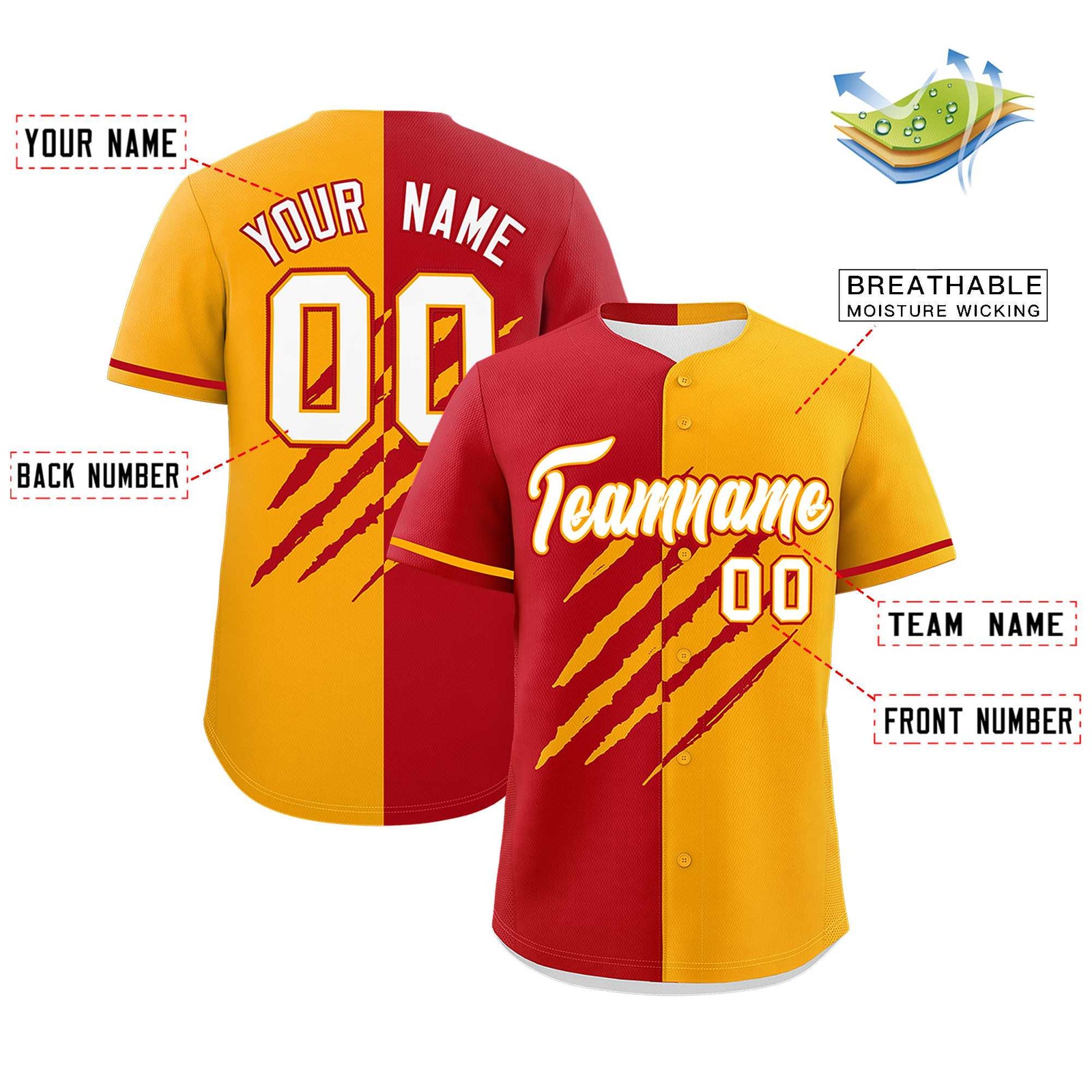 Custom Red Yellow Split Tiger Claw Scratch Pattern Baseball Jersey