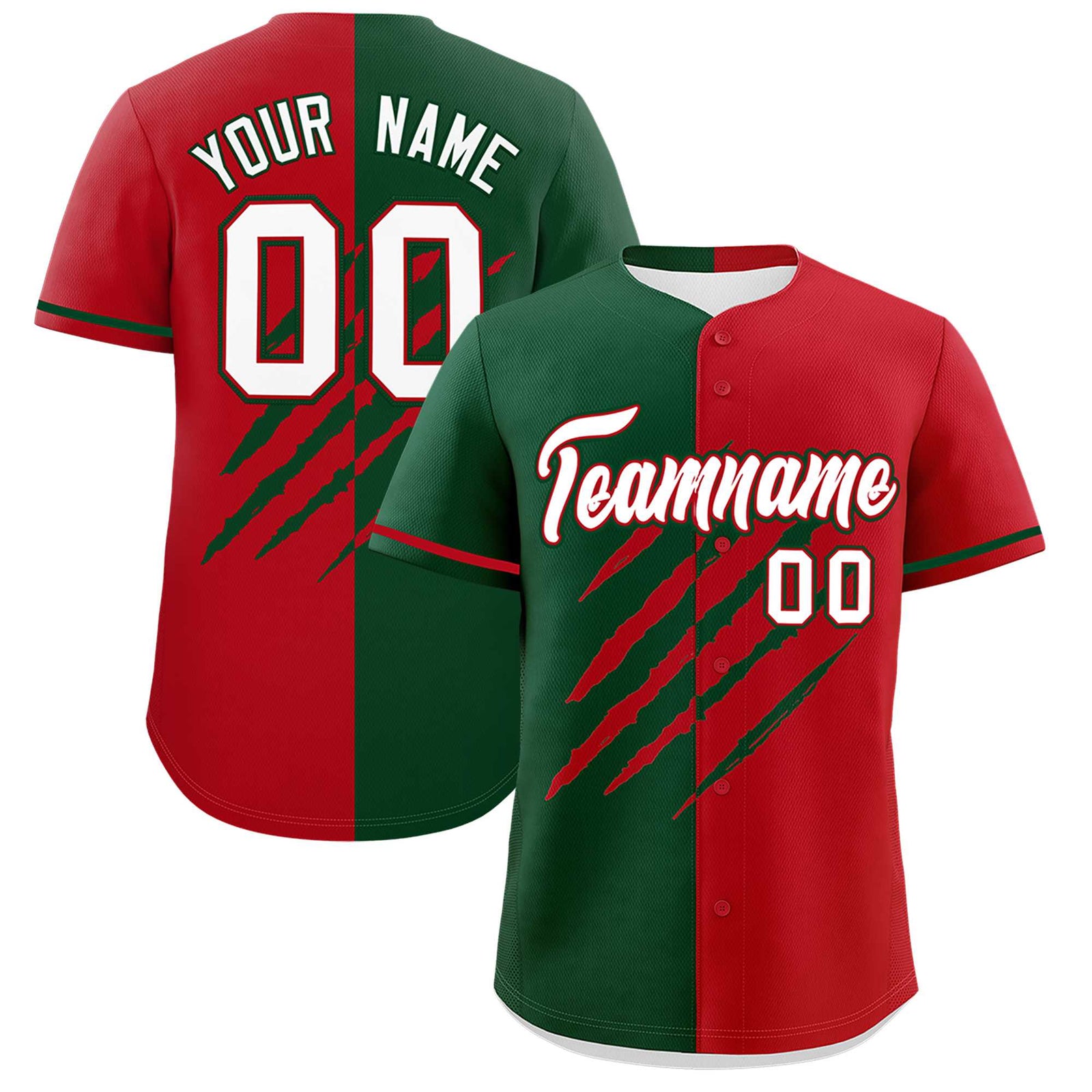Custom Green Red Split Tiger Claw Scratch Pattern Baseball Jersey