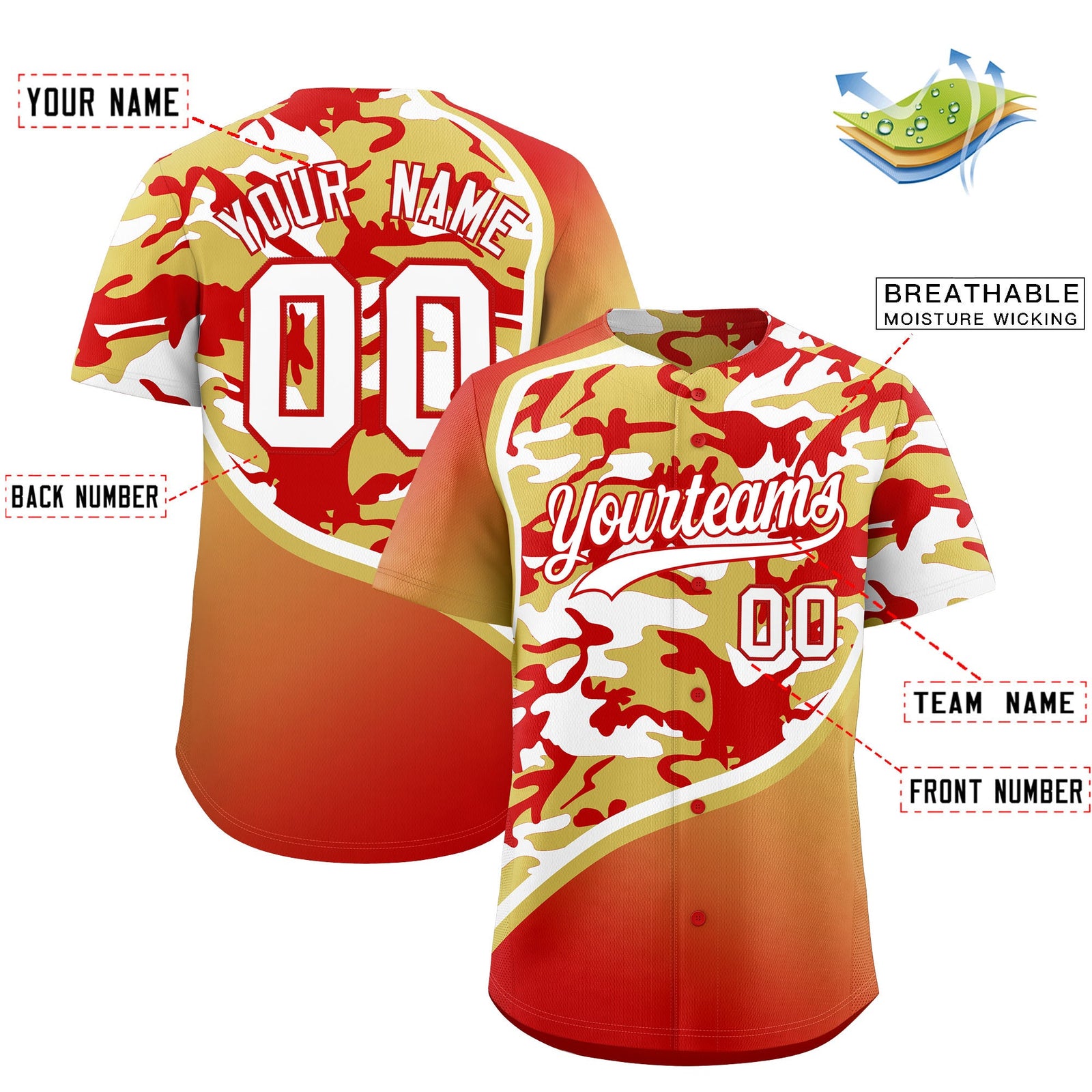 Custom Old Gold Red White Camo Gradient Fashion Baseball Jersey | Perfect for Training,Sublimation Printed & Stitched,Add Name and Numbern,Perfect for Teams | KXKSHOP