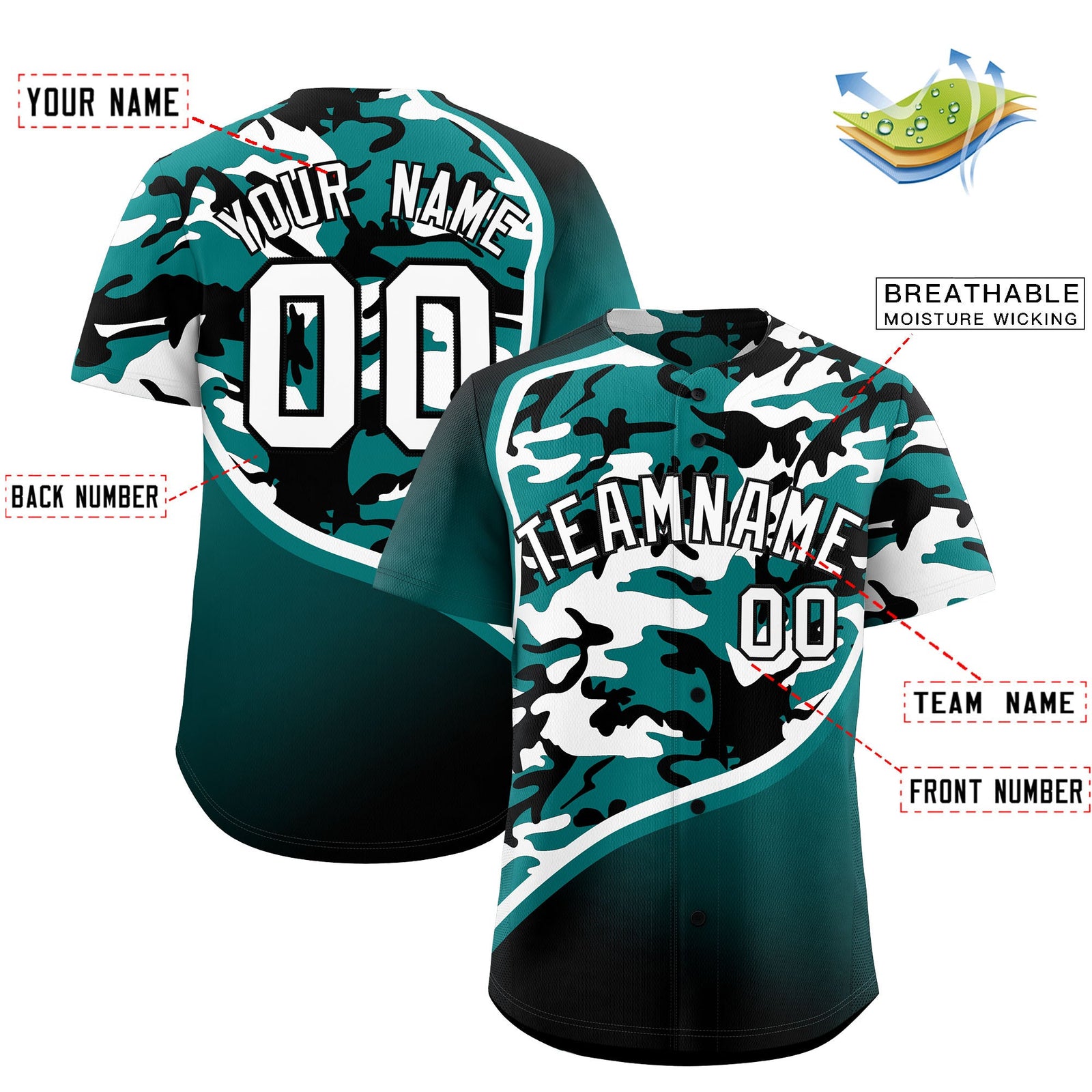 Custom Teal Black White Camo Gradient Fashion Baseball Jersey | Perfect for Training,Sublimation Printed & Stitched,Add Name and Numbern,Perfect for Teams | KXKSHOP