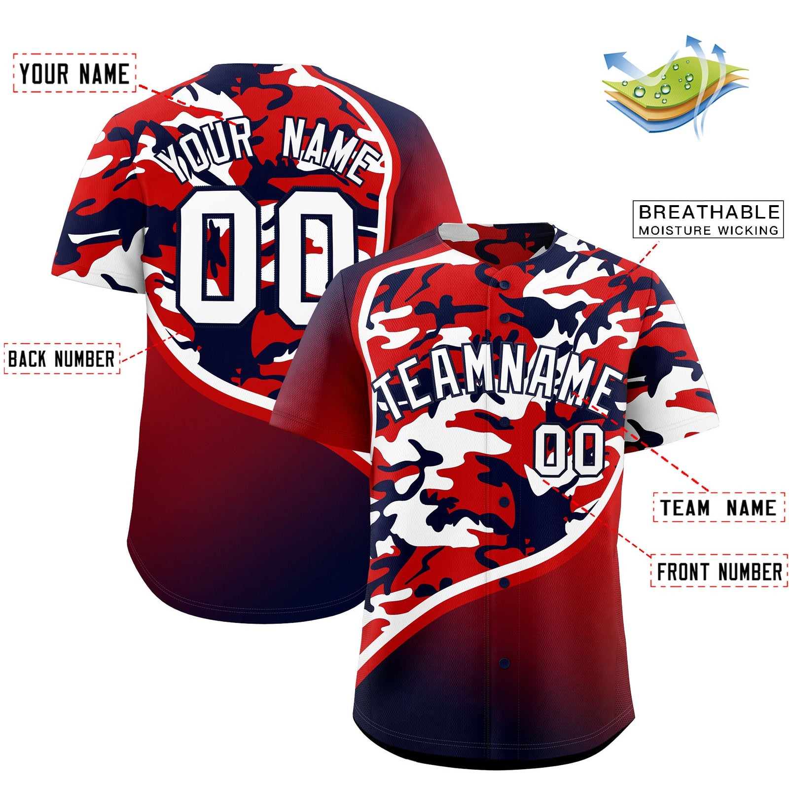 Custom Red White Navy Camo Gradient Fashion Baseball Jersey | Perfect for Training,Sublimation Printed & Stitched,Add Name and Numbern,Perfect for Teams | KXKSHOP