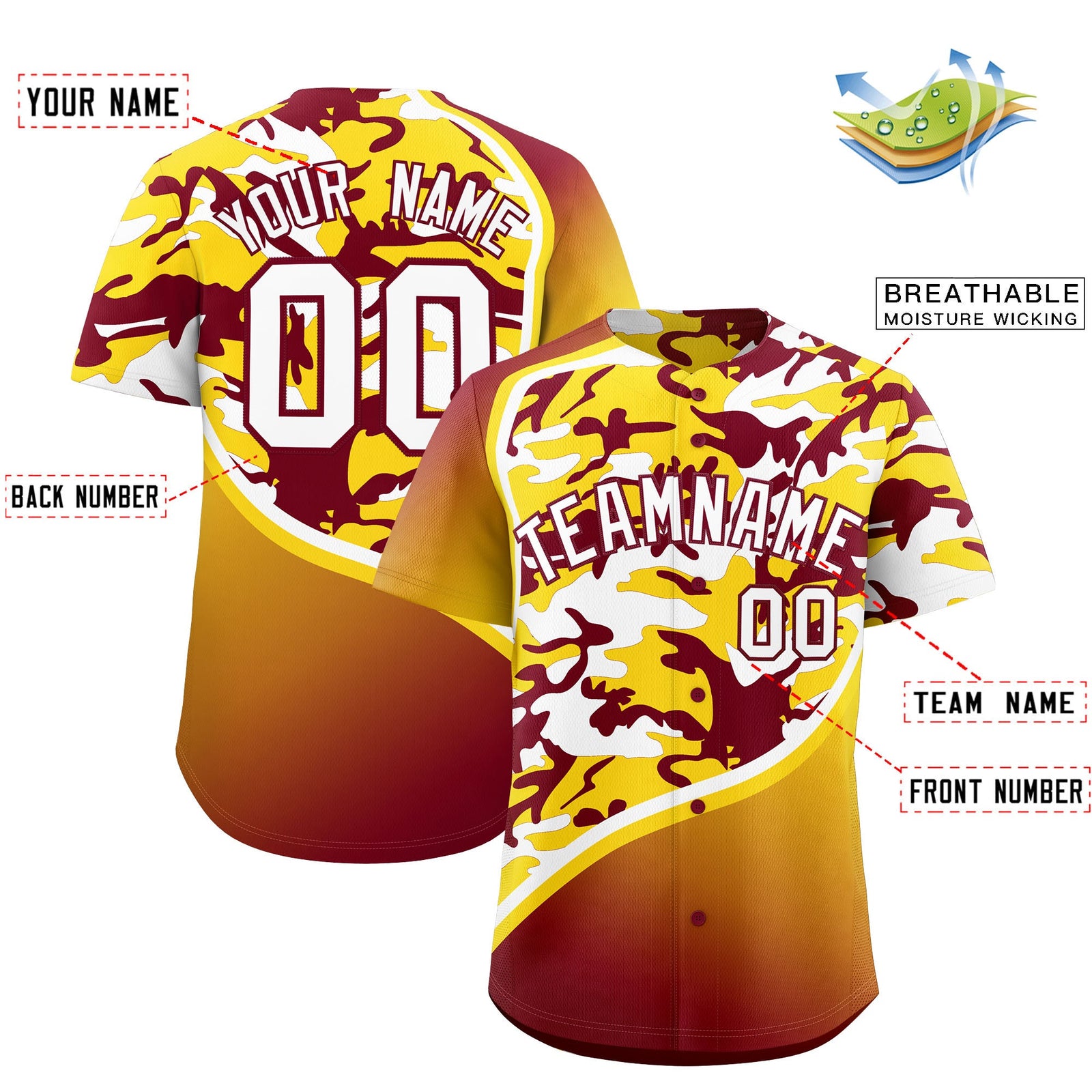 Custom Crimson Gold White Camo Gradient Fashion Baseball Jersey | Perfect for Training,Sublimation Printed & Stitched,Add Name and Numbern,Perfect for Teams | KXKSHOP