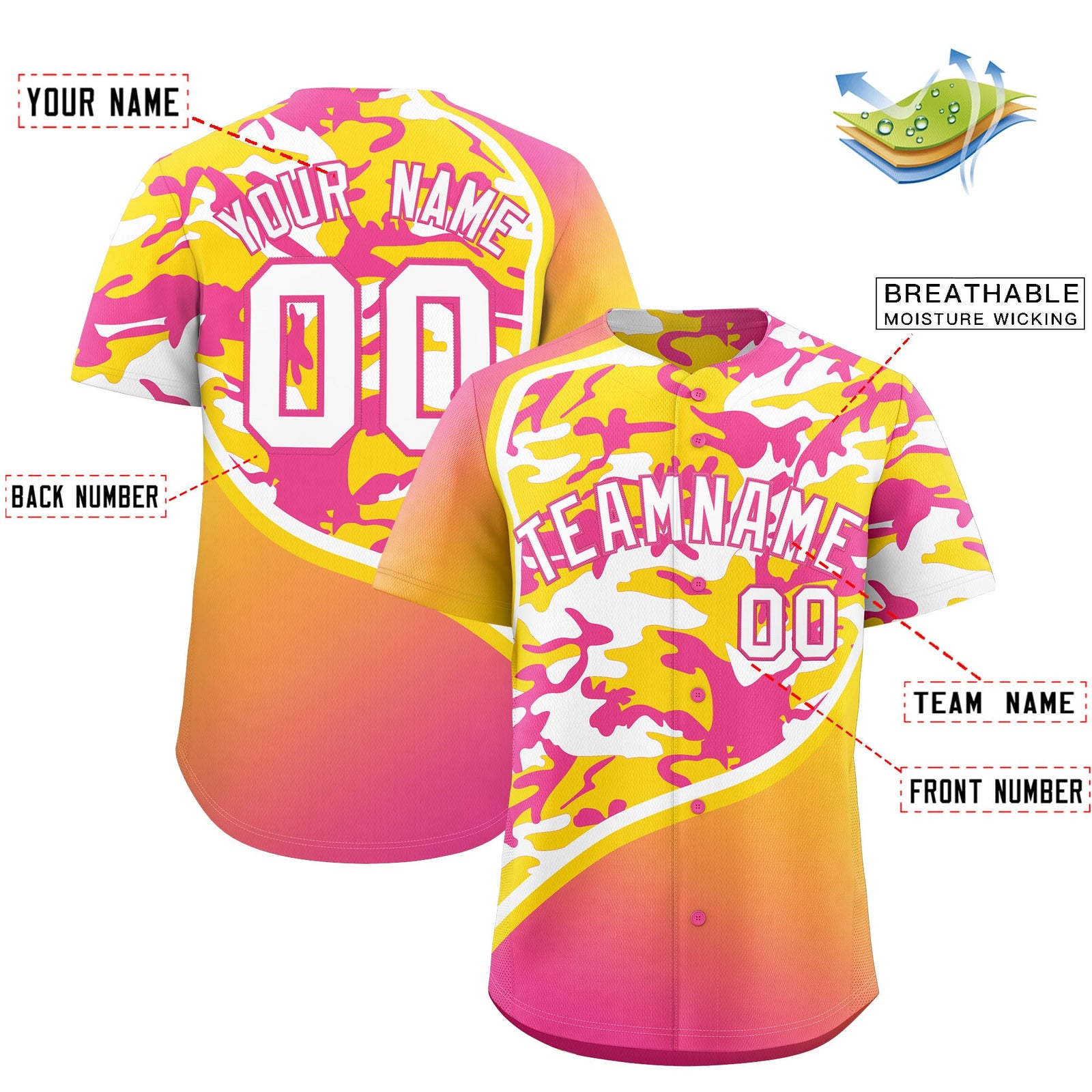 Custom Gold Pink White Camo Gradient Fashion Baseball Jersey | Perfect for Training,Sublimation Printed & Stitched,Add Name and Numbern,Perfect for Teams | KXKSHOP