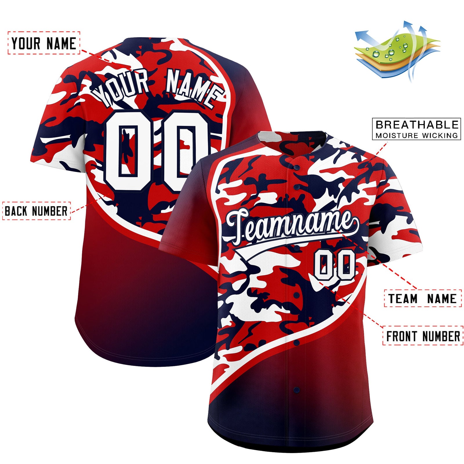 Custom Red White Navy Camo Gradient Fashion Baseball Jersey | Perfect for Training,Sublimation Printed & Stitched,Add Name and Numbern,Perfect for Teams | KXKSHOP
