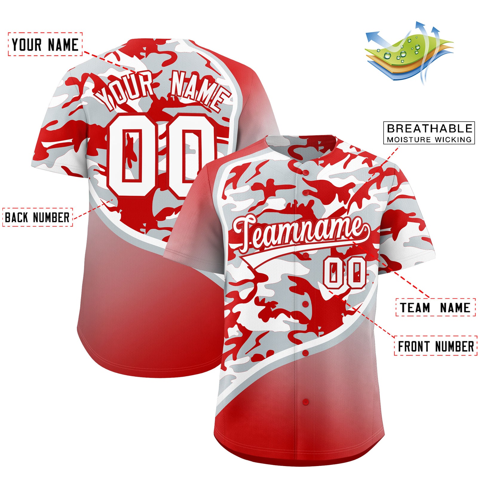 Custom Silver Red White Camo Gradient Fashion Baseball Jersey