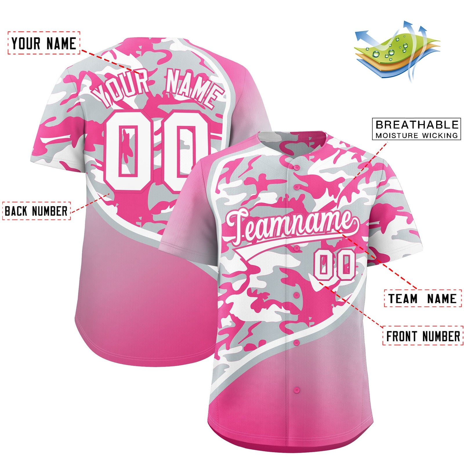 Custom Silver White Pink Camo Gradient Fashion Baseball Jersey | Perfect for Training,Sublimation Printed & Stitched,Add Name and Numbern,Perfect for Teams | KXKSHOP