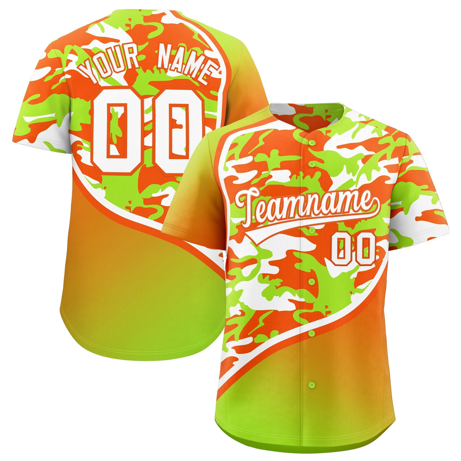 Custom Neon Green Orange White Camo Gradient Fashion Baseball Jersey | Perfect for Training,Sublimation Printed & Stitched,Add Name and Numbern,Perfect for Teams | KXKSHOP